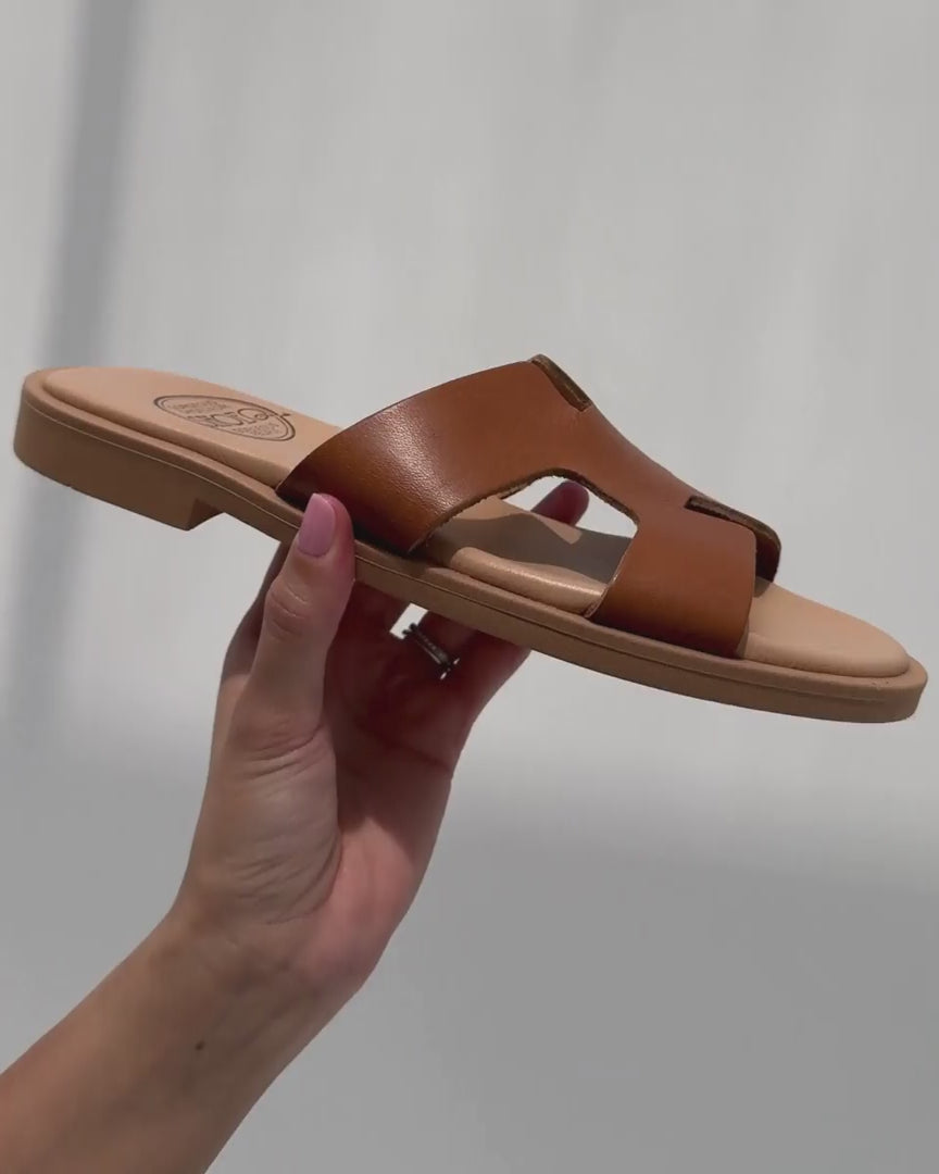 Greek leather slides tan cushioned Dubai same day delivery