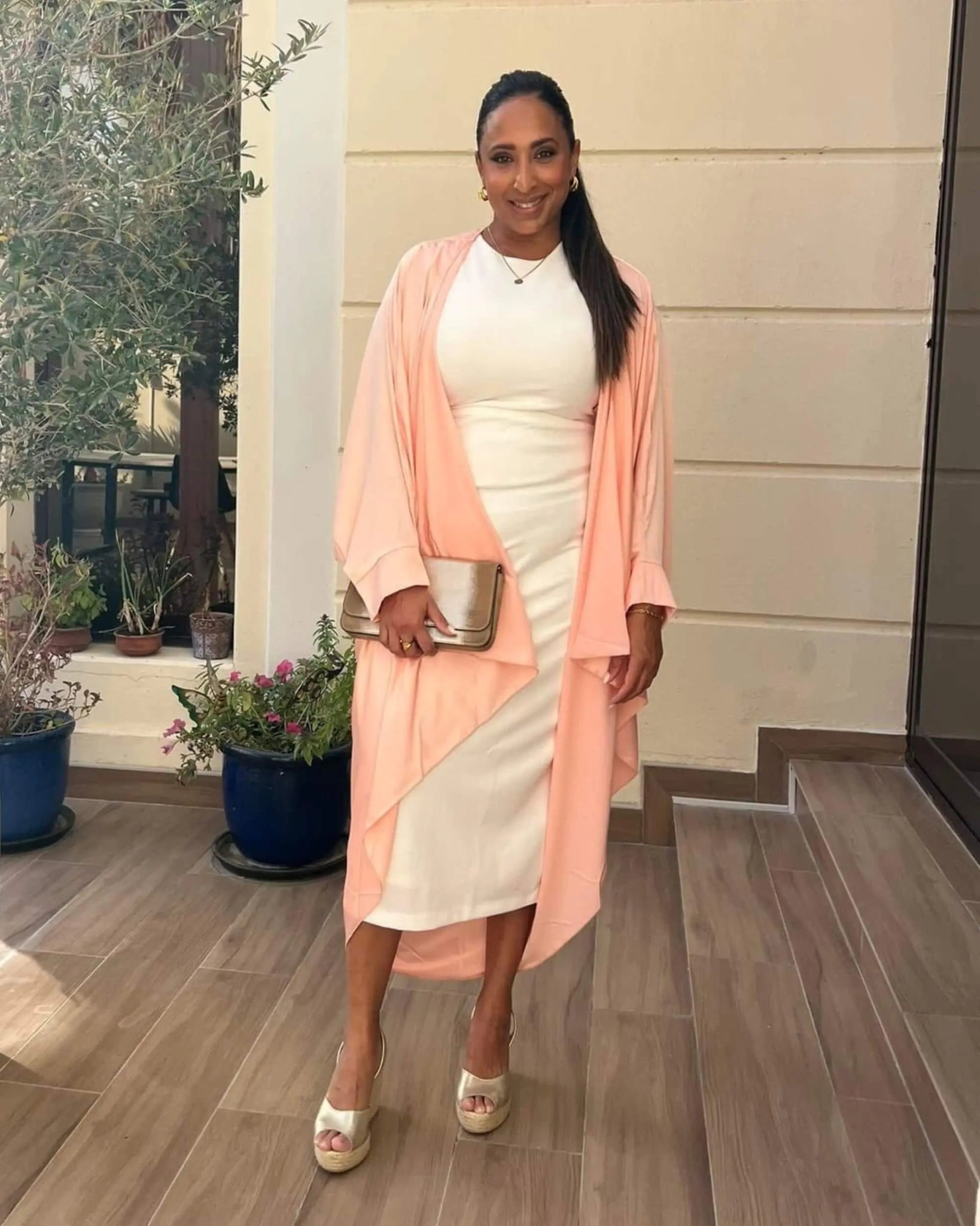 Champagne metallic peep toe espadrille wedges modest fashion model