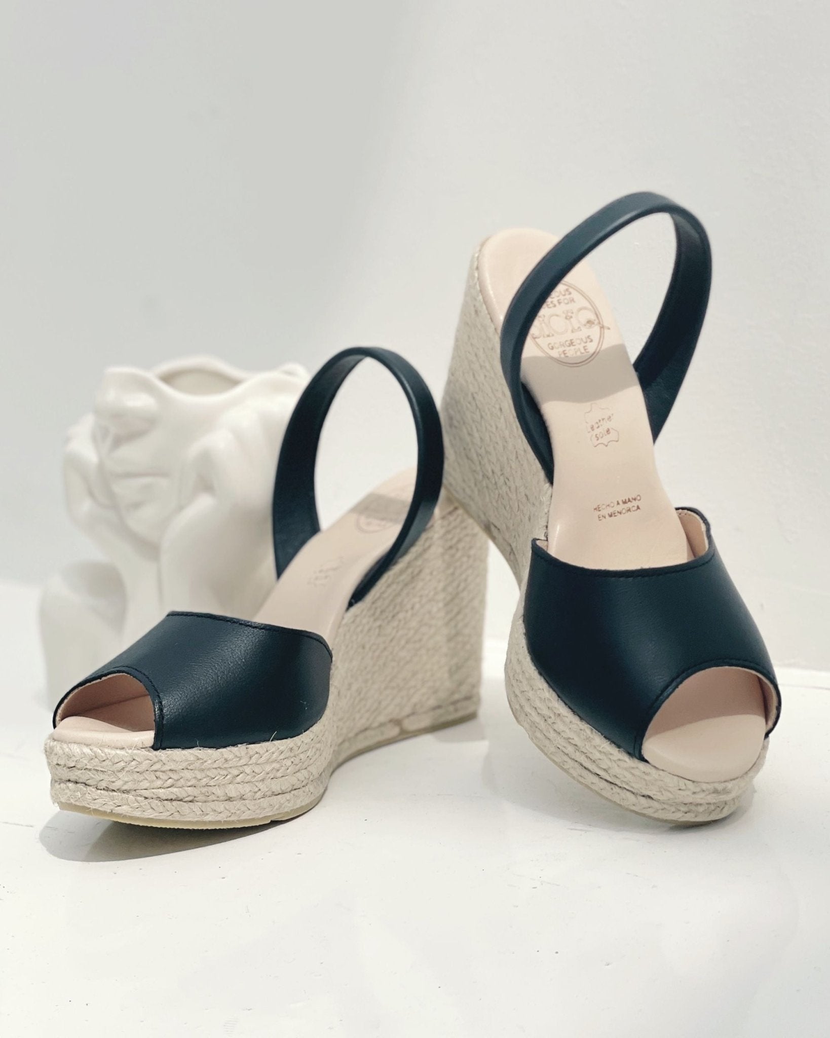 Charcoal black espadrille platform wedges side view work
