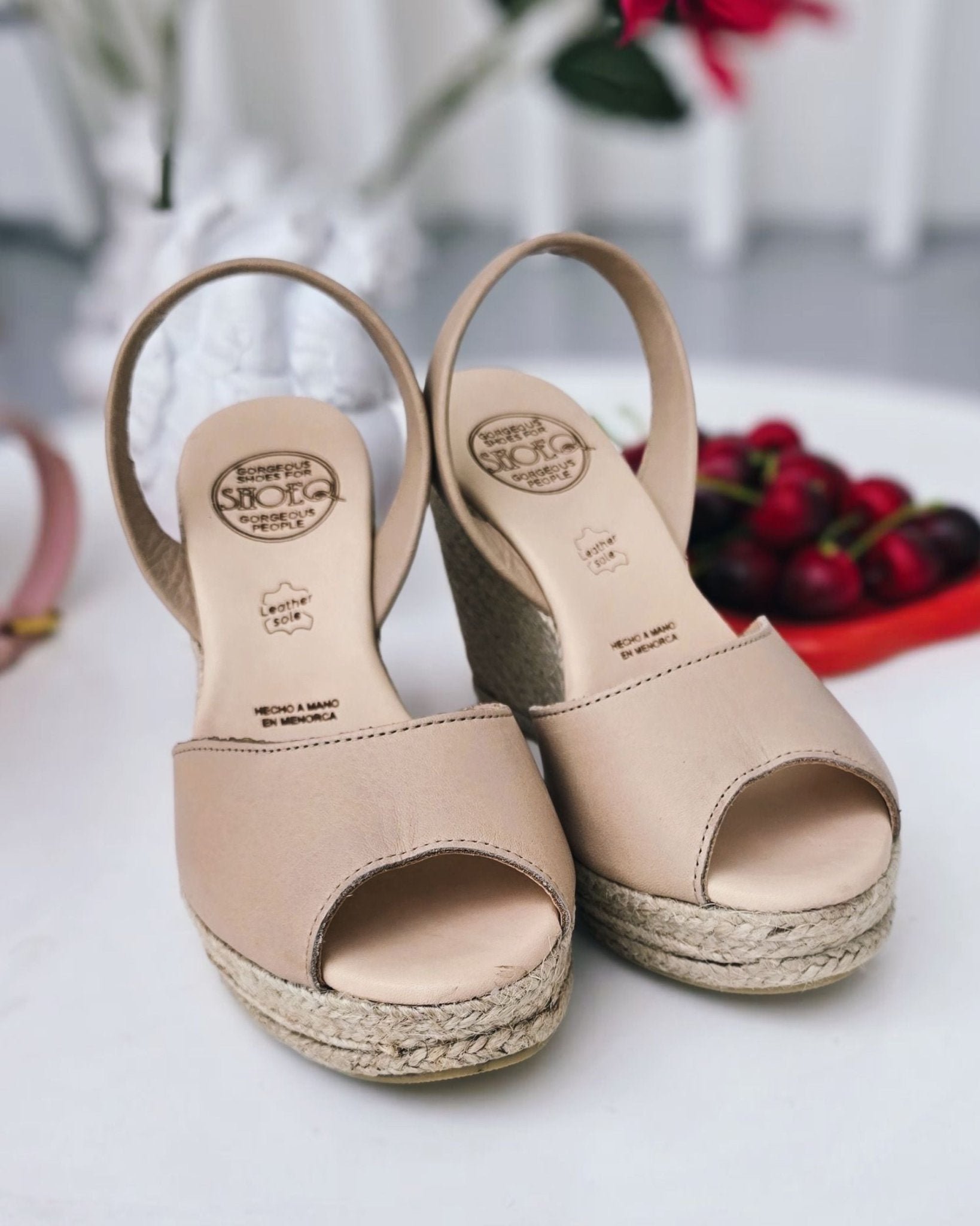 Latte nude espadrille platform wedges side view neutral
