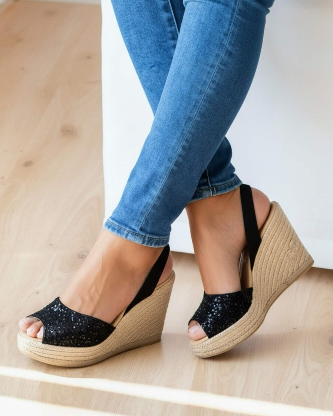 Black glitter platform heels with a 10cm jute rope wedge and 2cm platform | Roxy Espadrille Wedge by Shoeq