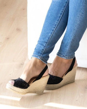 Peep toe vegan platform wedge espadrilles midnight glitter slingback
