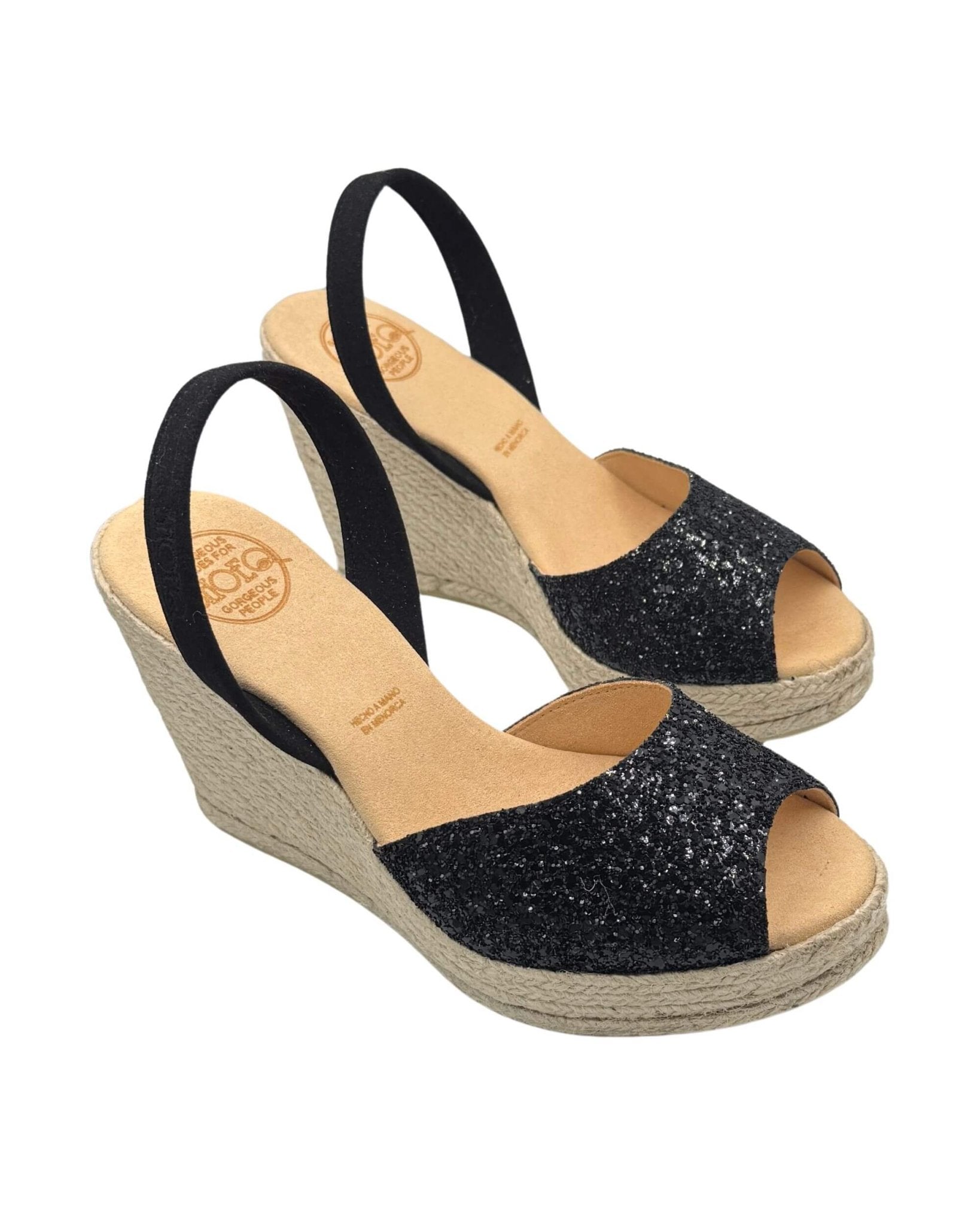 Handmade Spanish vegan platform espadrille wedges black sparkle
