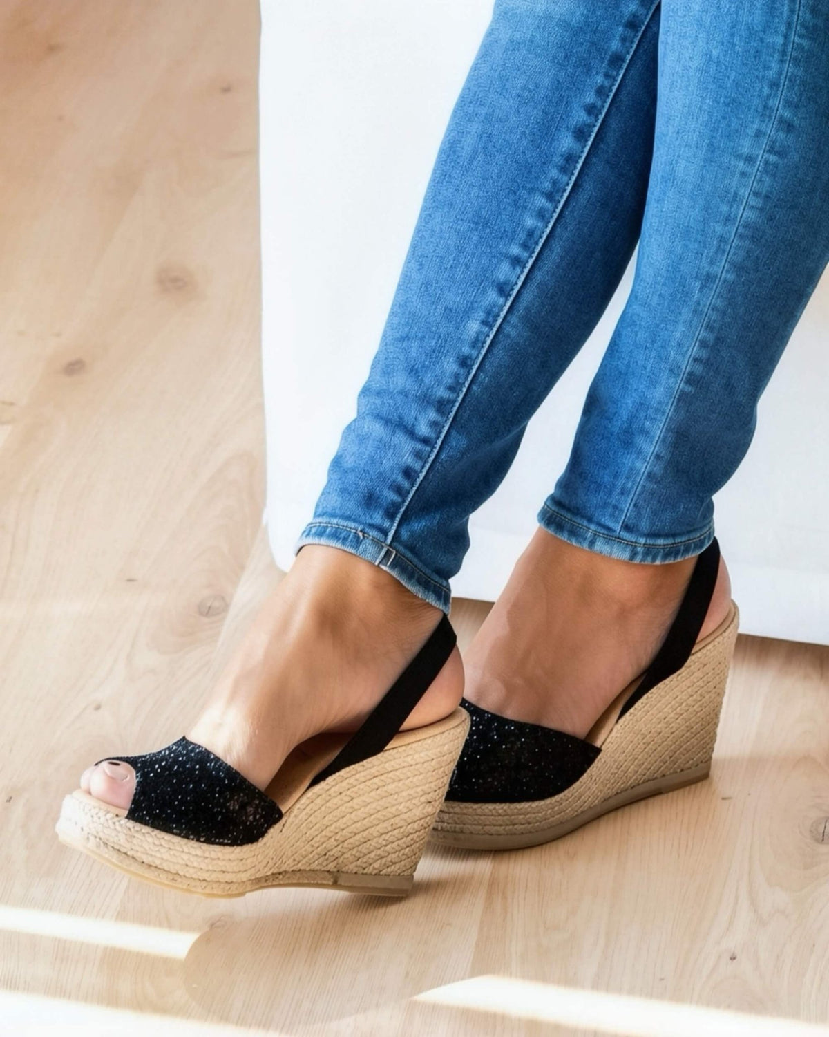 Black glitter wedge sandals side view, showing the peep toe and slingback strap | Roxy Espadrille Wedge by Shoeq