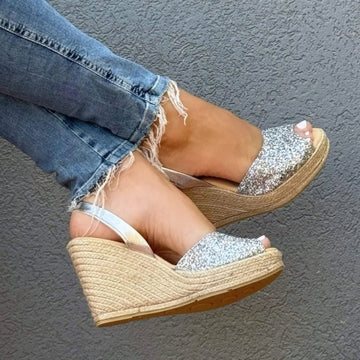 High platform vegan wedge sandals Dubai silver platinum glitter
