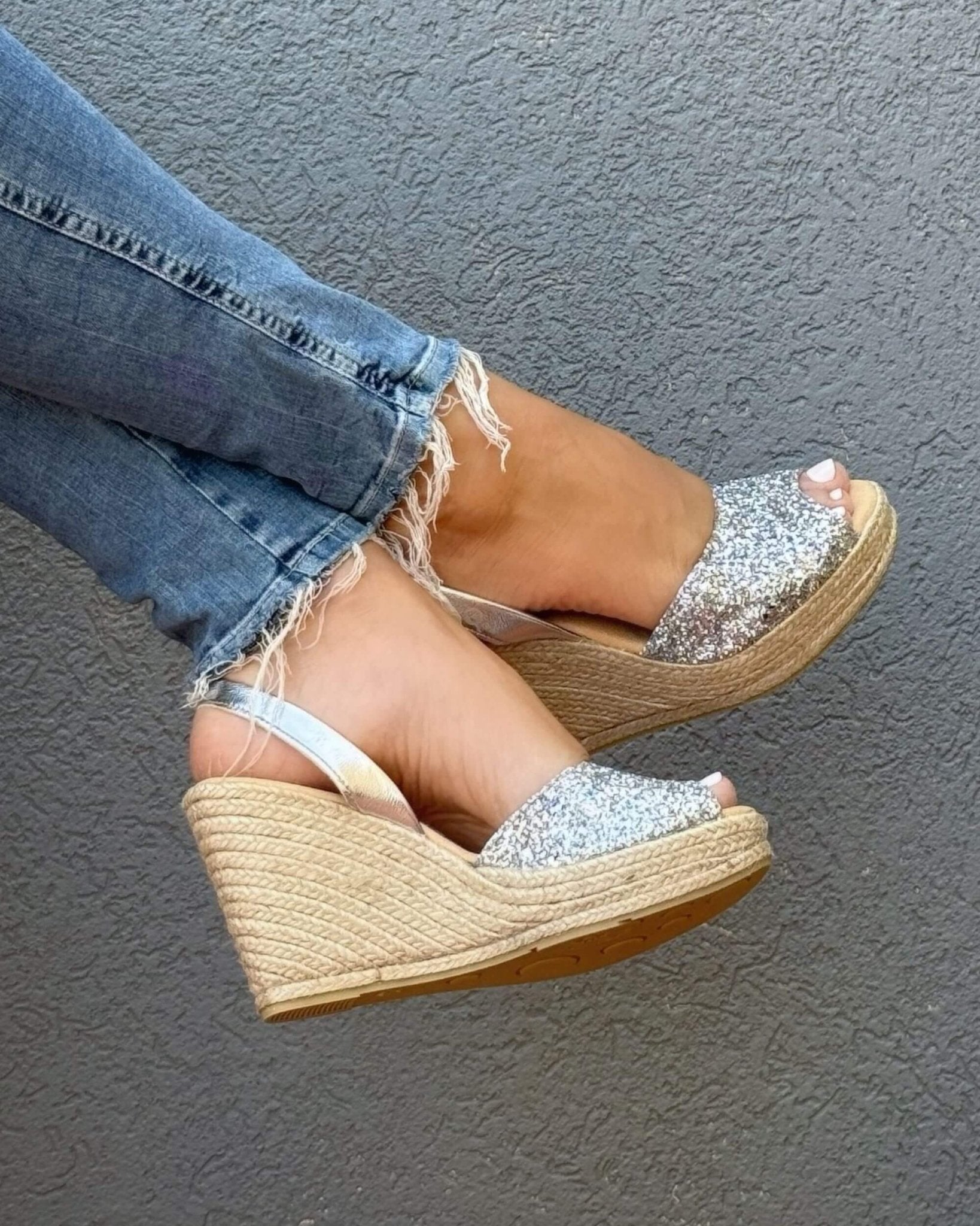 Roxy Silver Glitter vegan platform espadrille wedge jute rope heel cushioned innersole handmade Spain — Shoeq