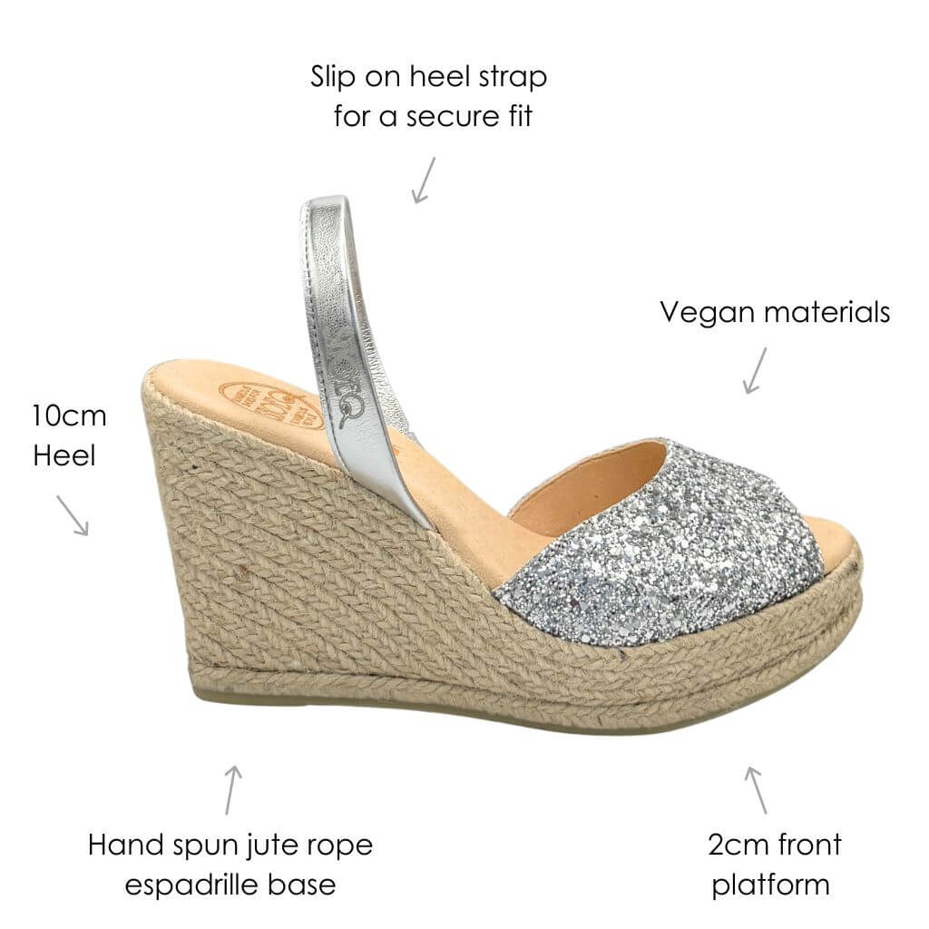 Roxy Espadrille Wedge in Silver Glitter (Vegan) - Shoeq
