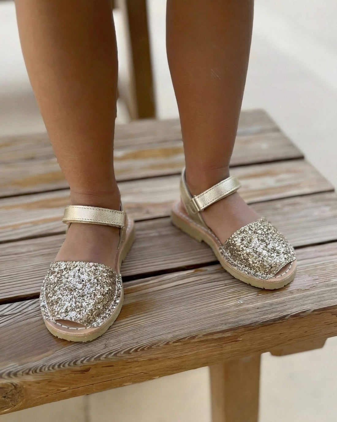 Champagne glitter kids leather sandals with a secure ankle strap, handmade in Menorca, Spain | Girls Ankle Strap Avarca by Shoeq