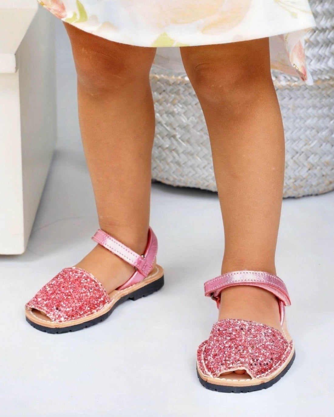 Handmade pink glitter toddler leather sandals with buttery-soft leather uppers | Toddler Avarca by Shoeq