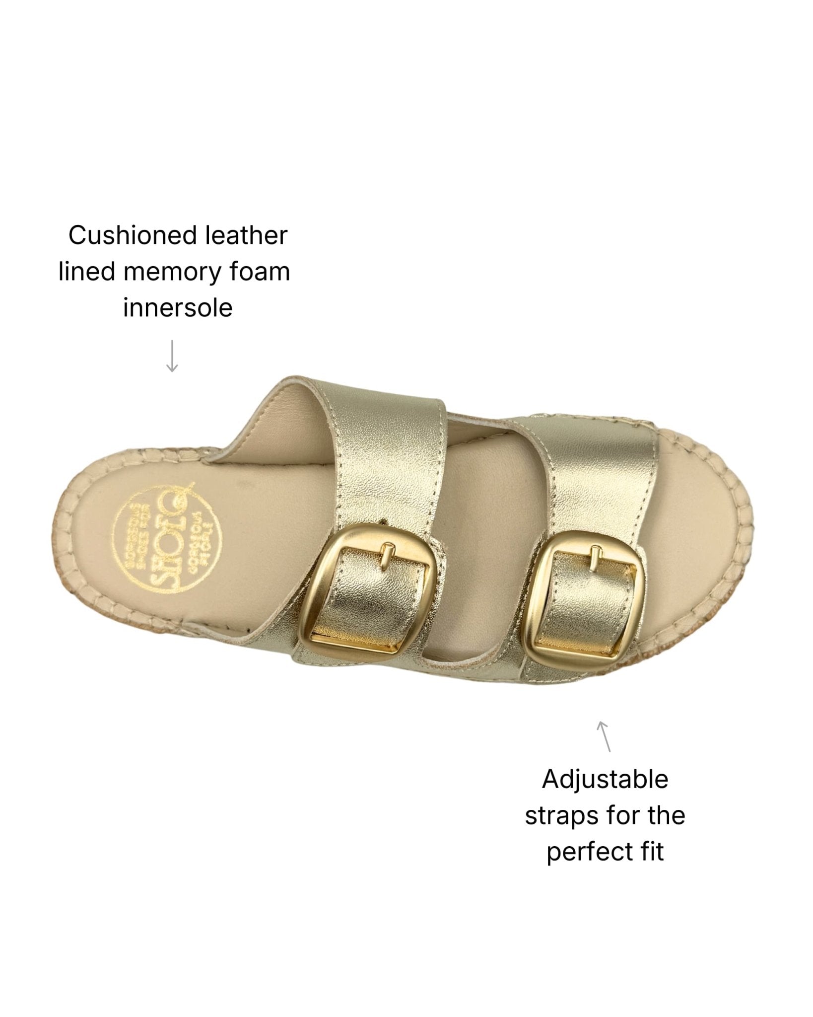 Leather-lined memory foam innersole and adjustable double buckle straps — handmade champagne gold leather espadrille slide | Shoeq