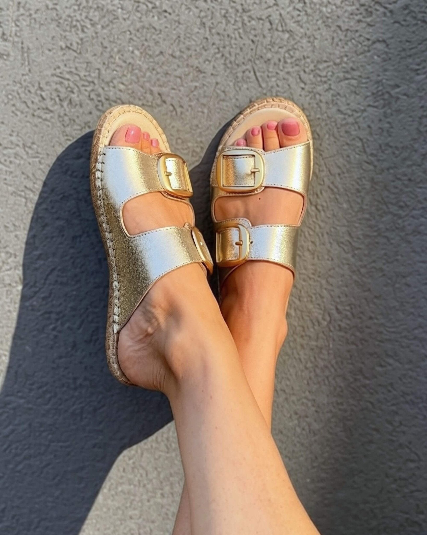 Champagne gold metallic leather espadrille slides with adjustable double gold buckle straps | Urban Espadrille Slide by Shoeq Dubai
