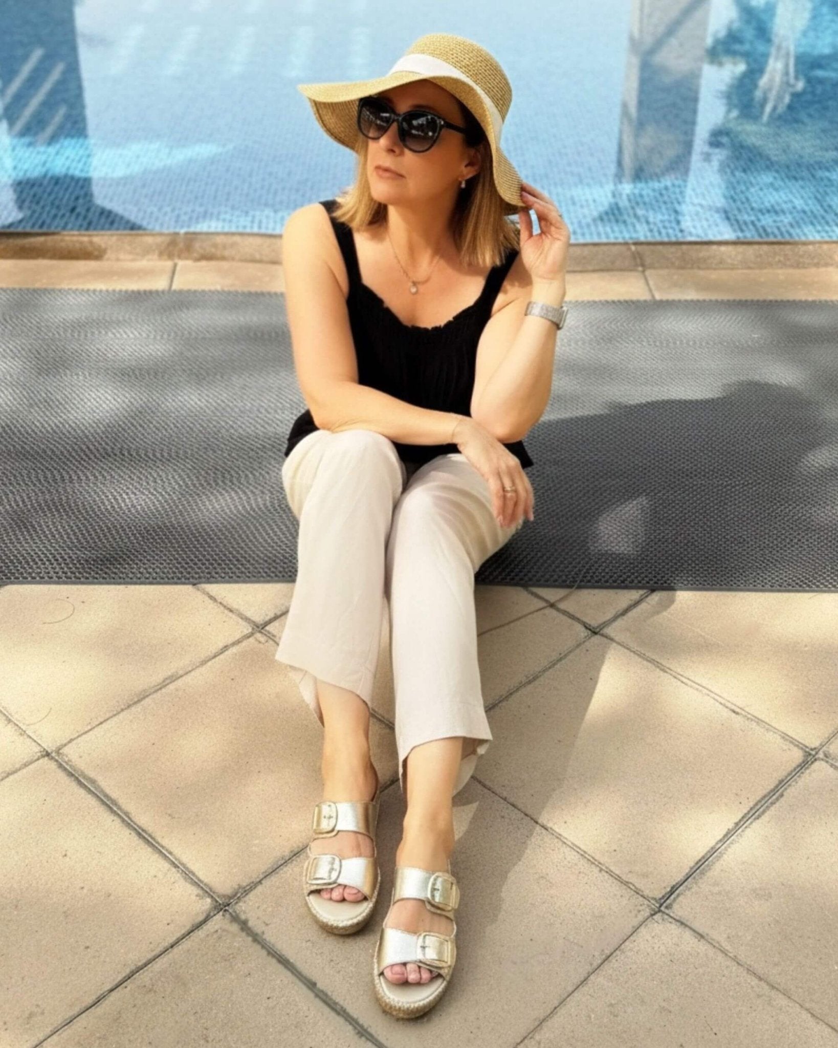 Handmade champagne gold metallic leather espadrille slides with adjustable double buckle straps | Urban Espadrille Slide by Shoeq