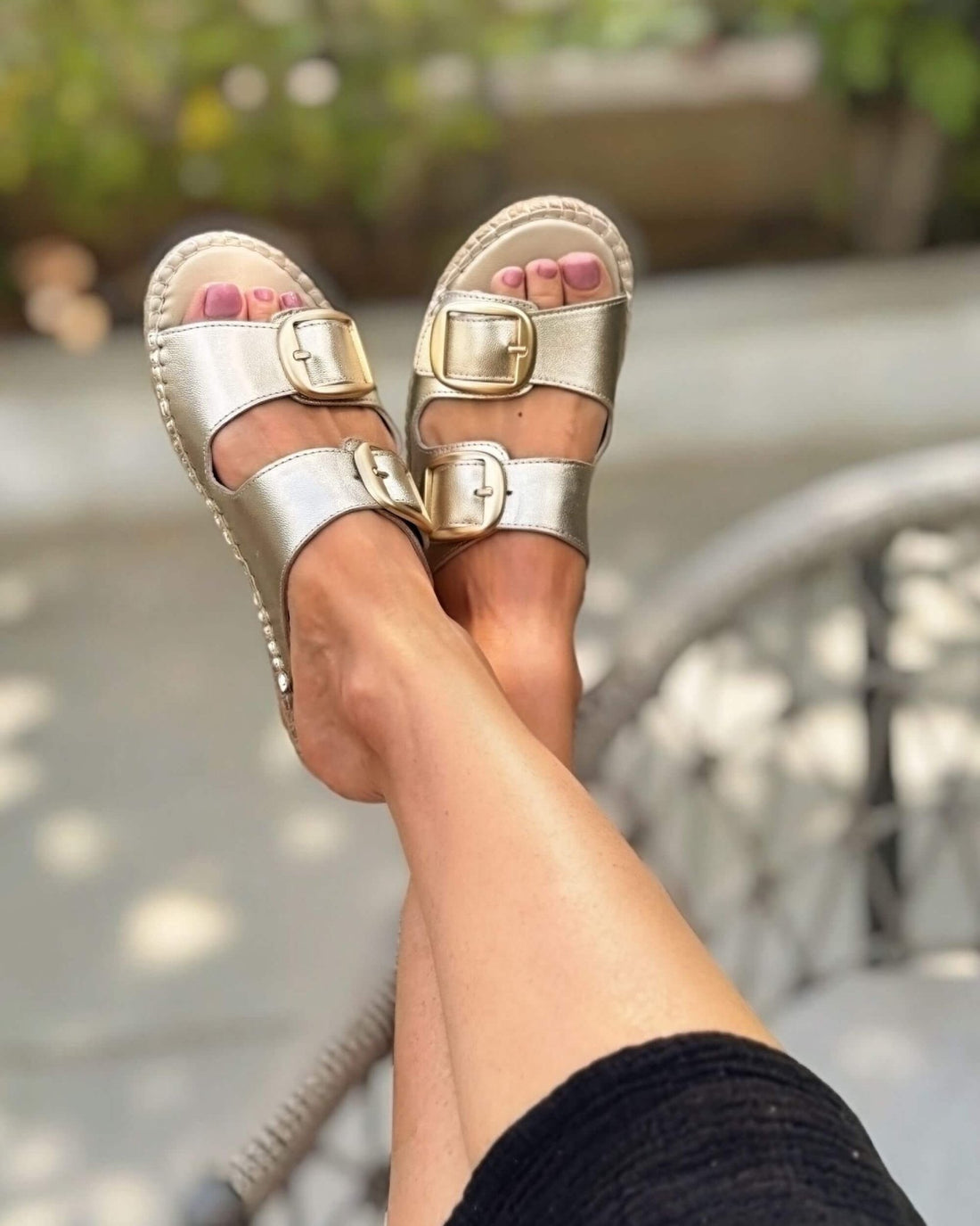 Champagne gold metallic leather espadrille slides with double gold buckle straps and jute rope sole | Urban Espadrille Slide by Shoeq