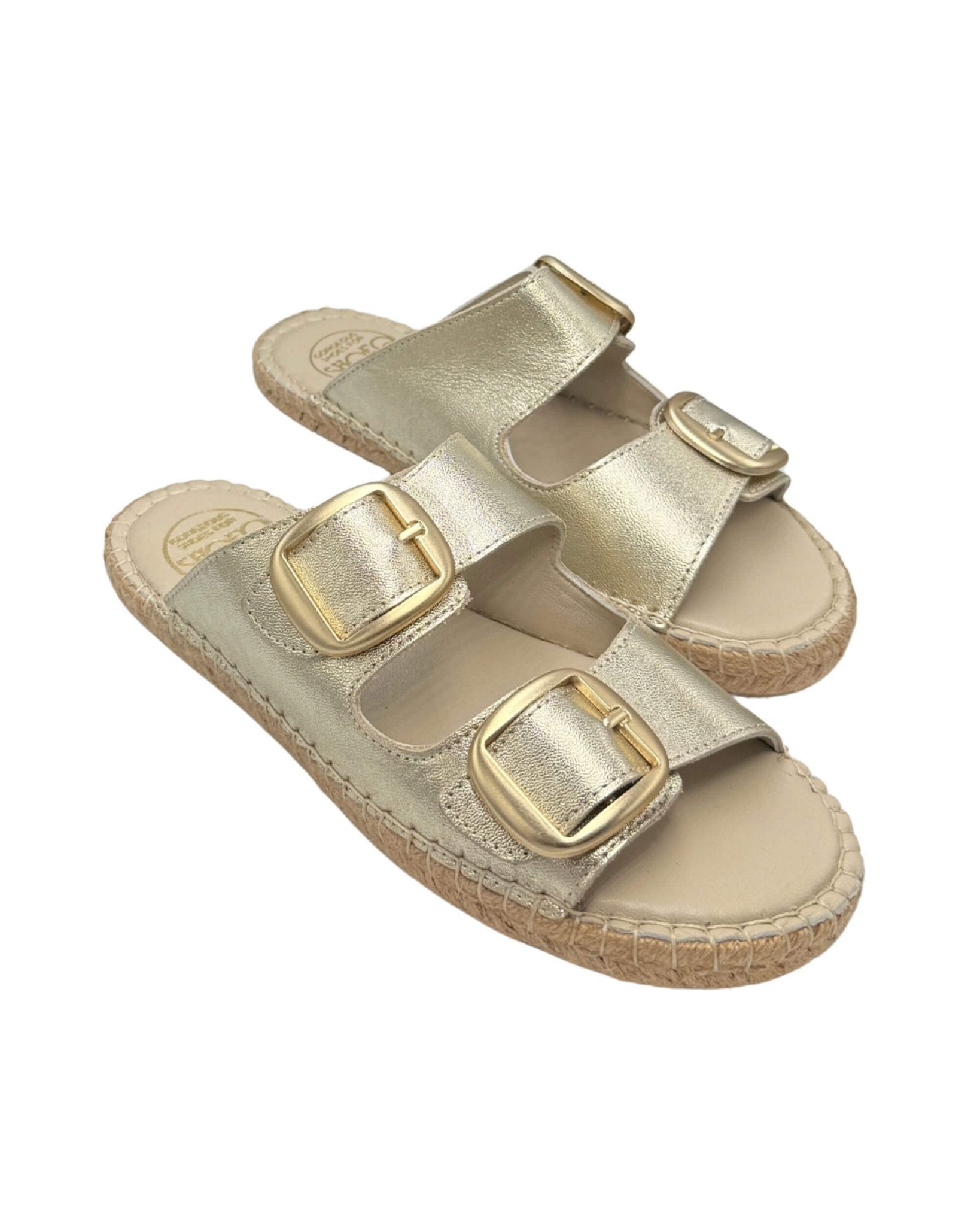 Handmade champagne gold metallic leather espadrille slides with double gold buckle straps and jute rope sole | Urban Espadrille Slide by Shoeq