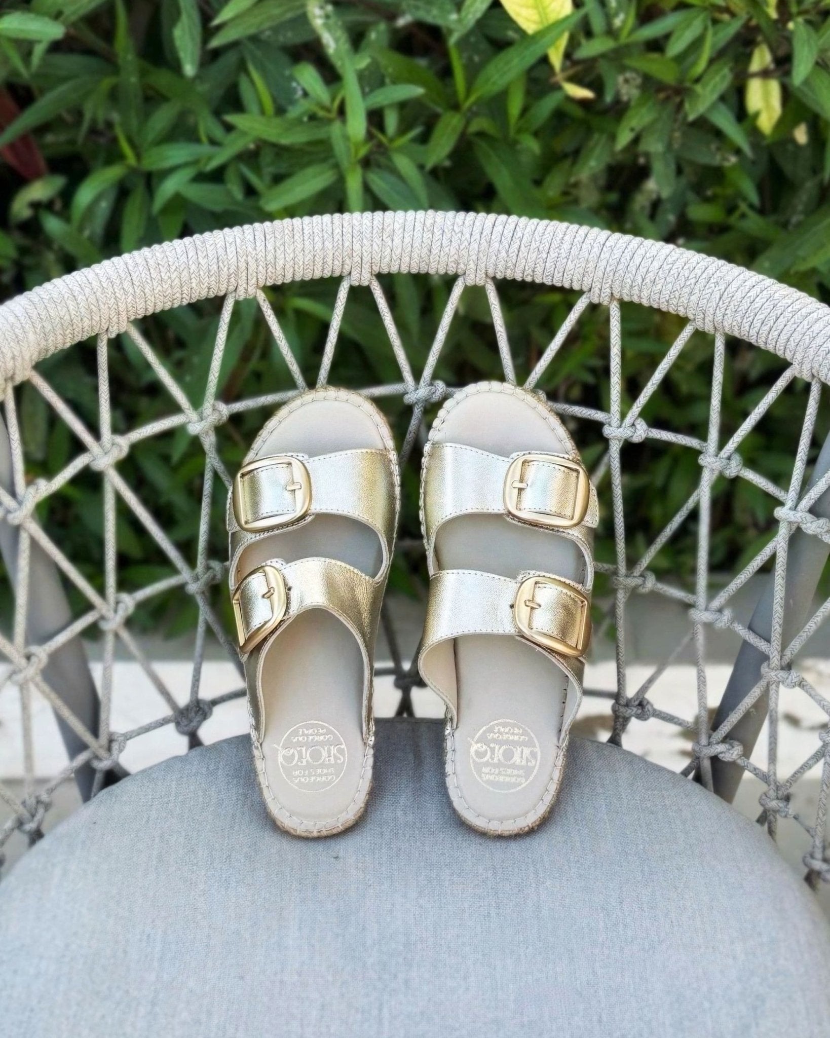 Urban Espadrille Slide Champagne metallic leather double buckle strap hand-sewn jute rope sole handmade - Shoeq