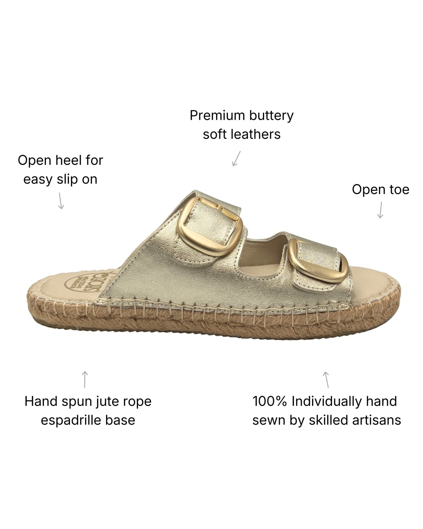 Handmade champagne gold leather espadrille slide — premium leather upper, hand-sewn jute rope sole, open heel, adjustable double buckle straps | Shoeq