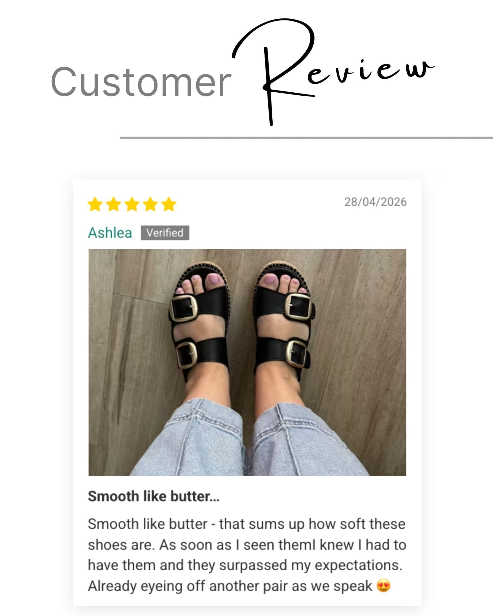 5-star customer review — handmade charcoal leather espadrille slides with double gold buckle straps | Urban Espadrille Slide by Shoeq