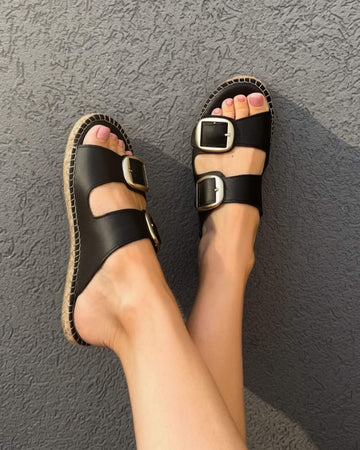 Handmade charcoal leather espadrille slides with adjustable double gold buckle straps | Urban Espadrille Slide by Shoeq