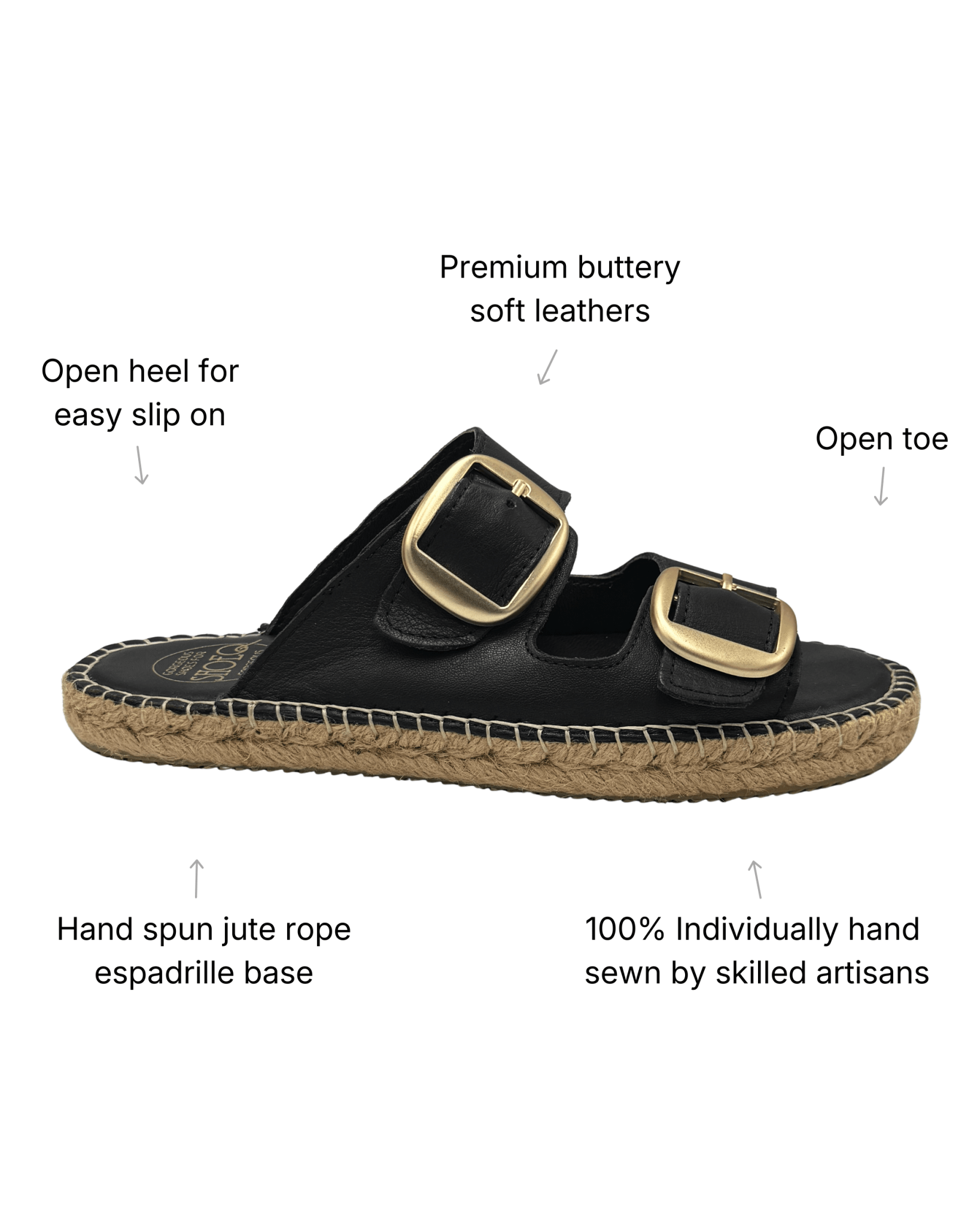 Handmade charcoal leather espadrille slide — premium leather upper, hand-sewn jute rope sole, open heel, adjustable double buckle straps | Shoeq