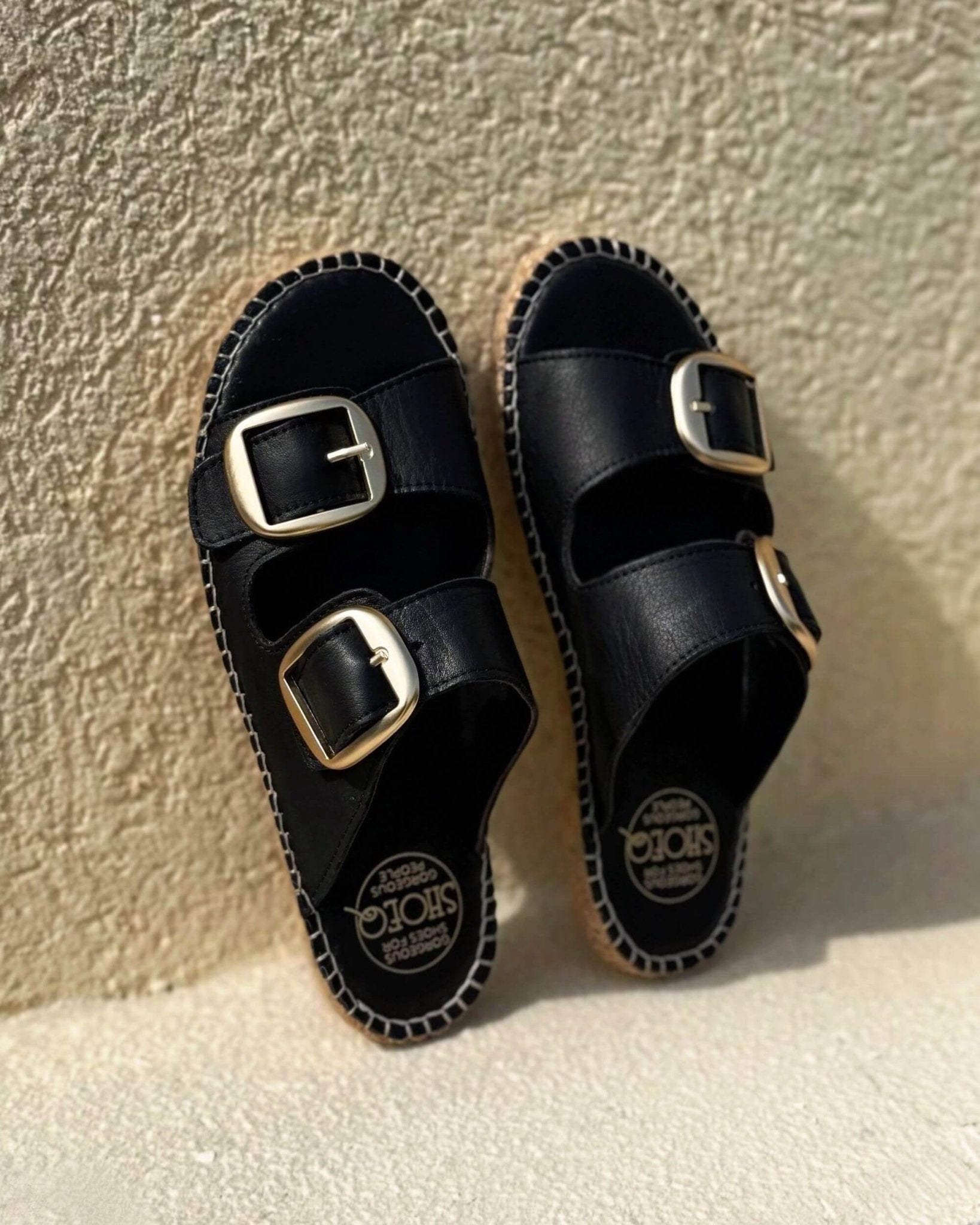 Urban Espadrille Slide in Charcoal — black leather handmade espadrille with two gold buckle straps | Shoeq