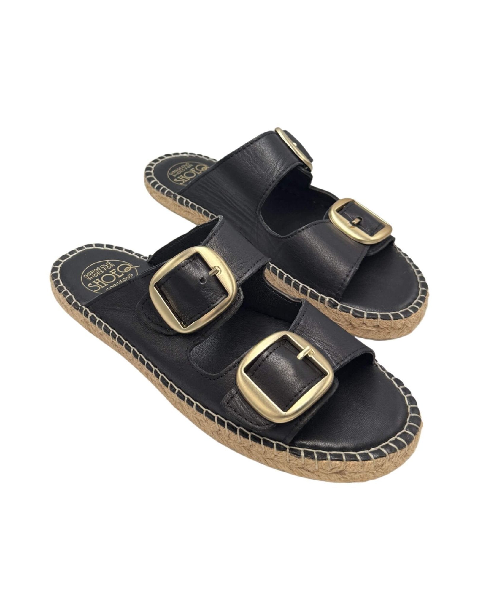 Handmade charcoal leather espadrille slides with double gold buckle straps and jute rope sole | Urban Espadrille Slide by Shoeq