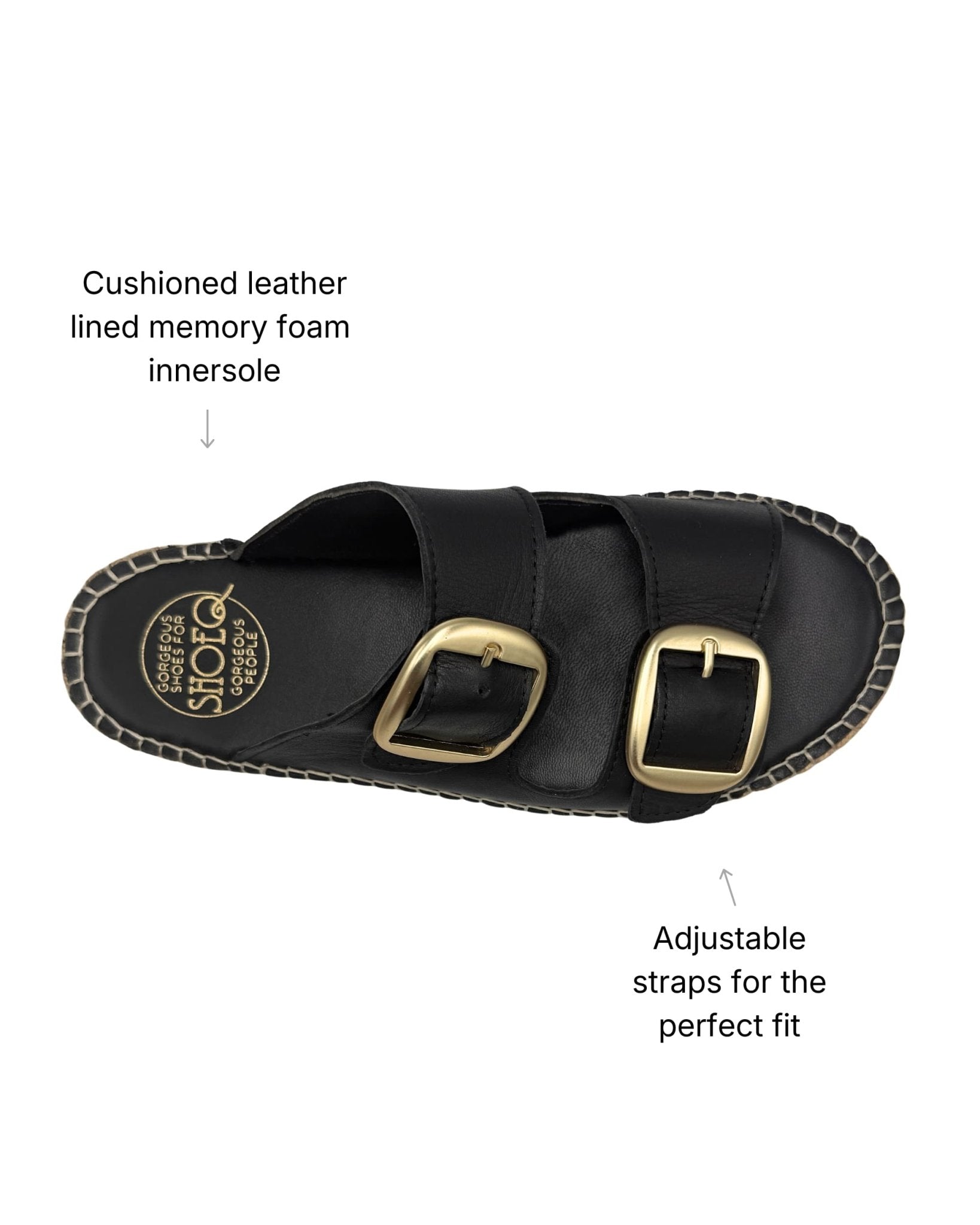 Leather-lined memory foam innersole and adjustable double buckle straps — handmade charcoal leather espadrille slide | Shoeq
