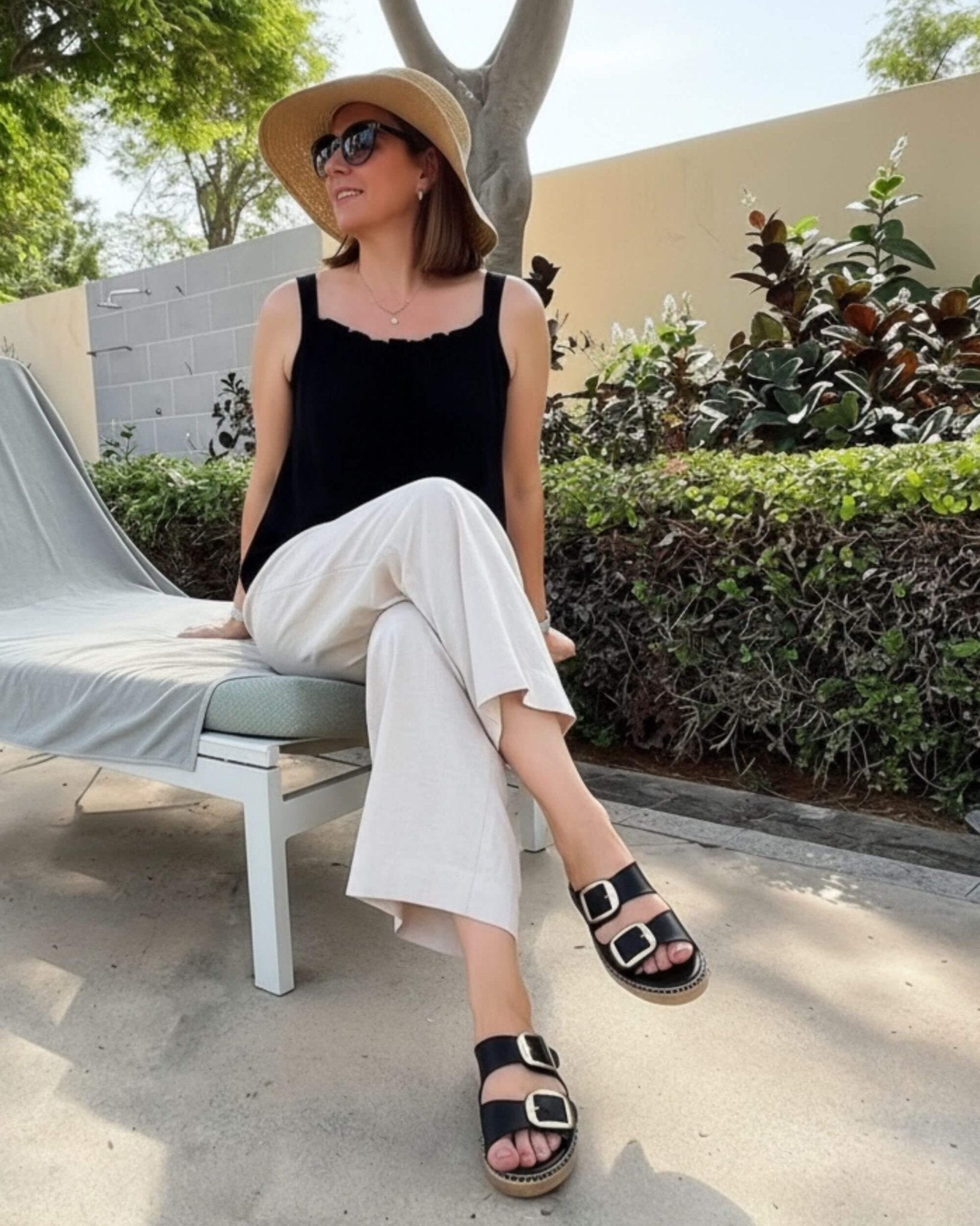 Charcoal leather espadrille slides with adjustable double buckle straps and memory foam innersole | Urban Espadrille Slide by Shoeq