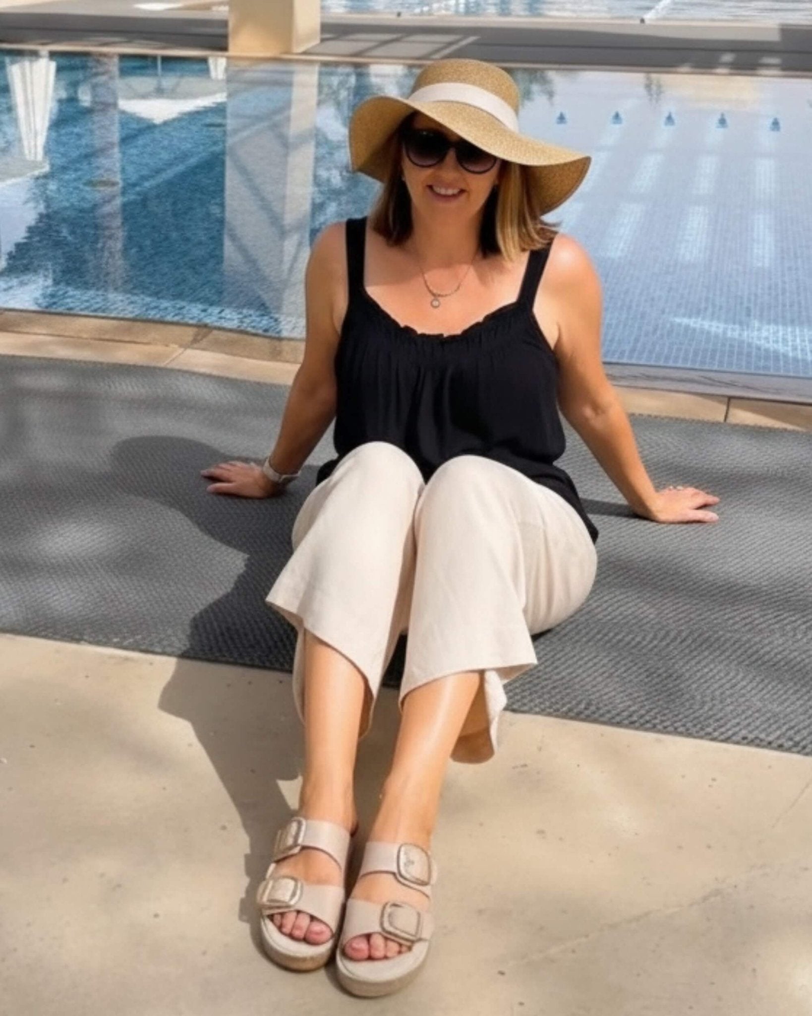 Beige leather buckle sandals for summer — handmade espadrille sole, cushioned footbed | Urban Espadrille Slide by Shoeq
