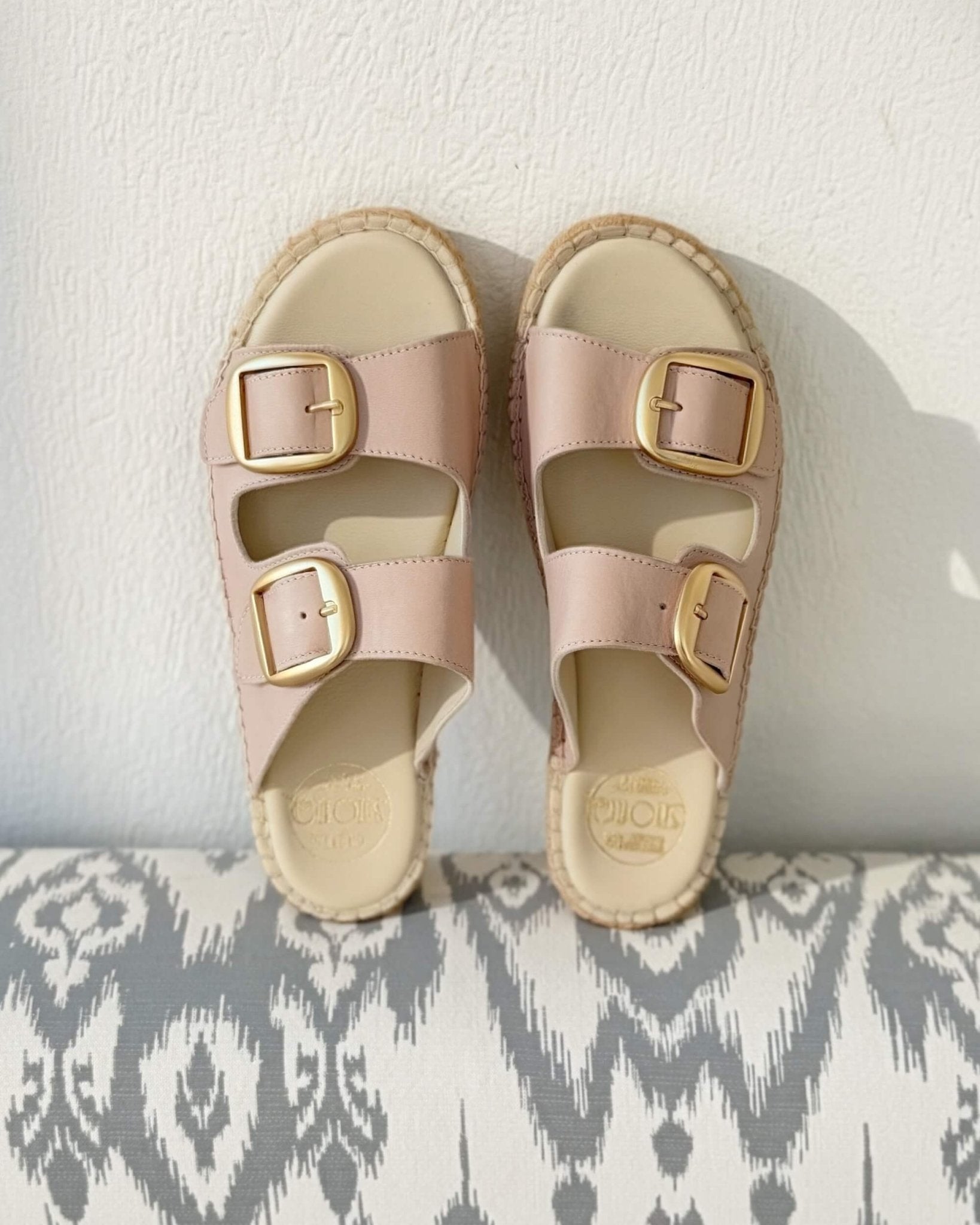 Beige leather espadrille sandals top view — branded footbed, jute sole, gold buckles | Urban Espadrille Slide by Shoeq