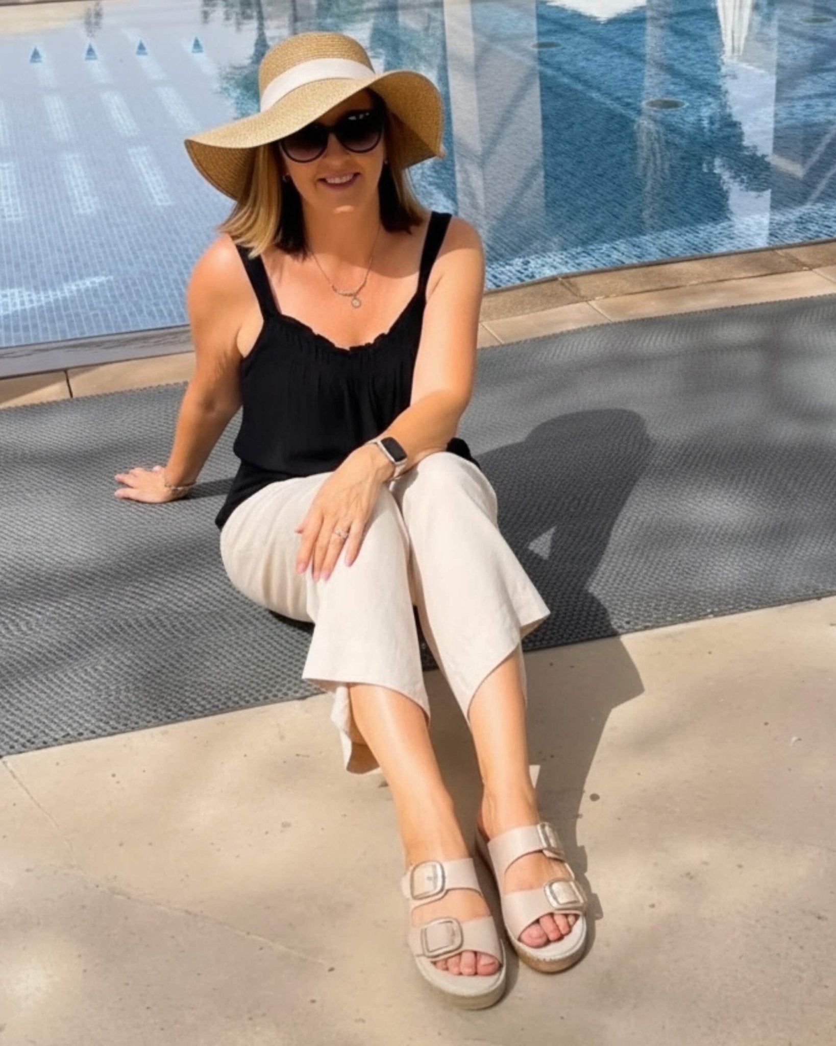 Beige espadrille sandals styled with linen — flat leather sandals with gold buckles | Urban Espadrille Slide by Shoeq