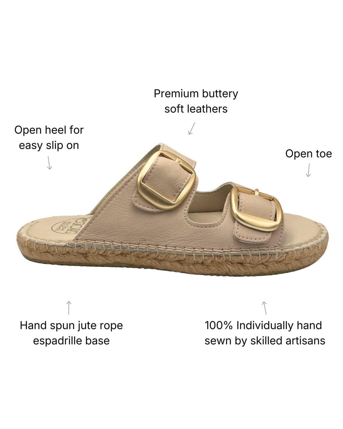 Beige leather espadrille slides with double gold buckle straps and hand-sewn jute rope sole | Urban Espadrille Slide by Shoeq