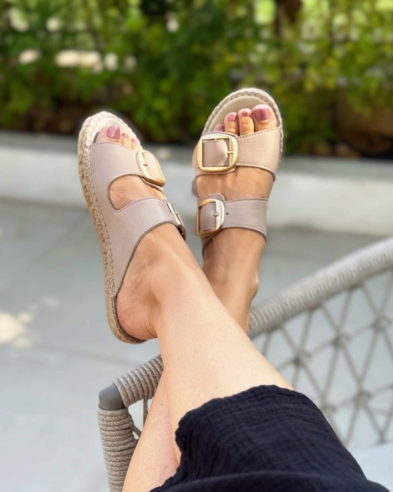 Beige leather sandals side view — jute espadrille sole and adjustable gold buckles | Urban Espadrille Slide by Shoeq