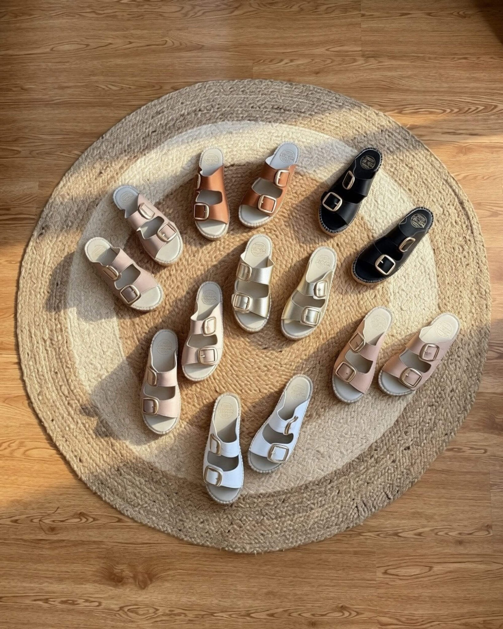 Handmade leather espadrille slides with double buckle straps in charcoal, white, tan and champagne | Urban Espadrille Slides by Shoeq
