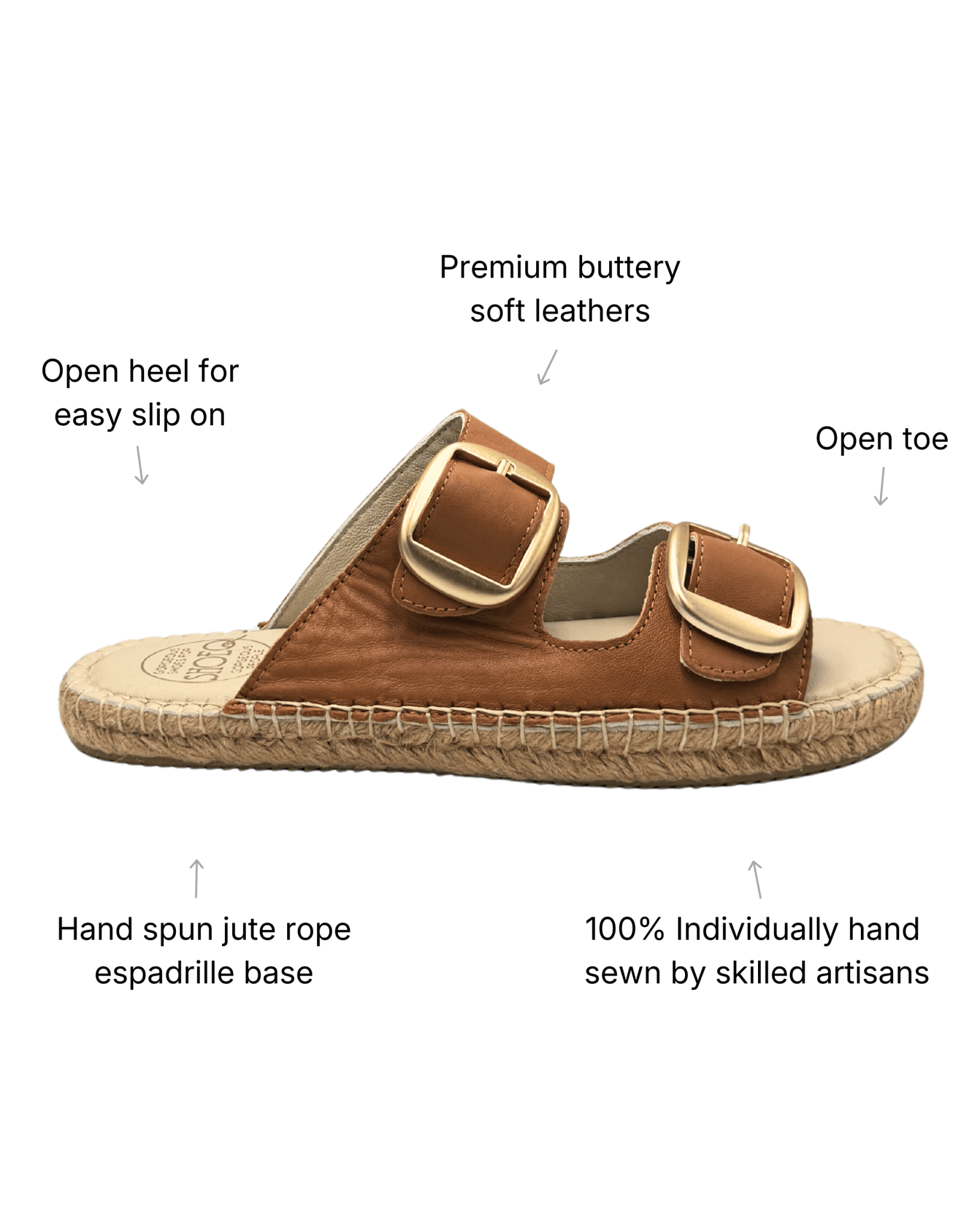 Handmade tan leather espadrille slide — premium leather upper, hand-sewn jute rope sole, open heel, adjustable double buckle straps | Shoeq