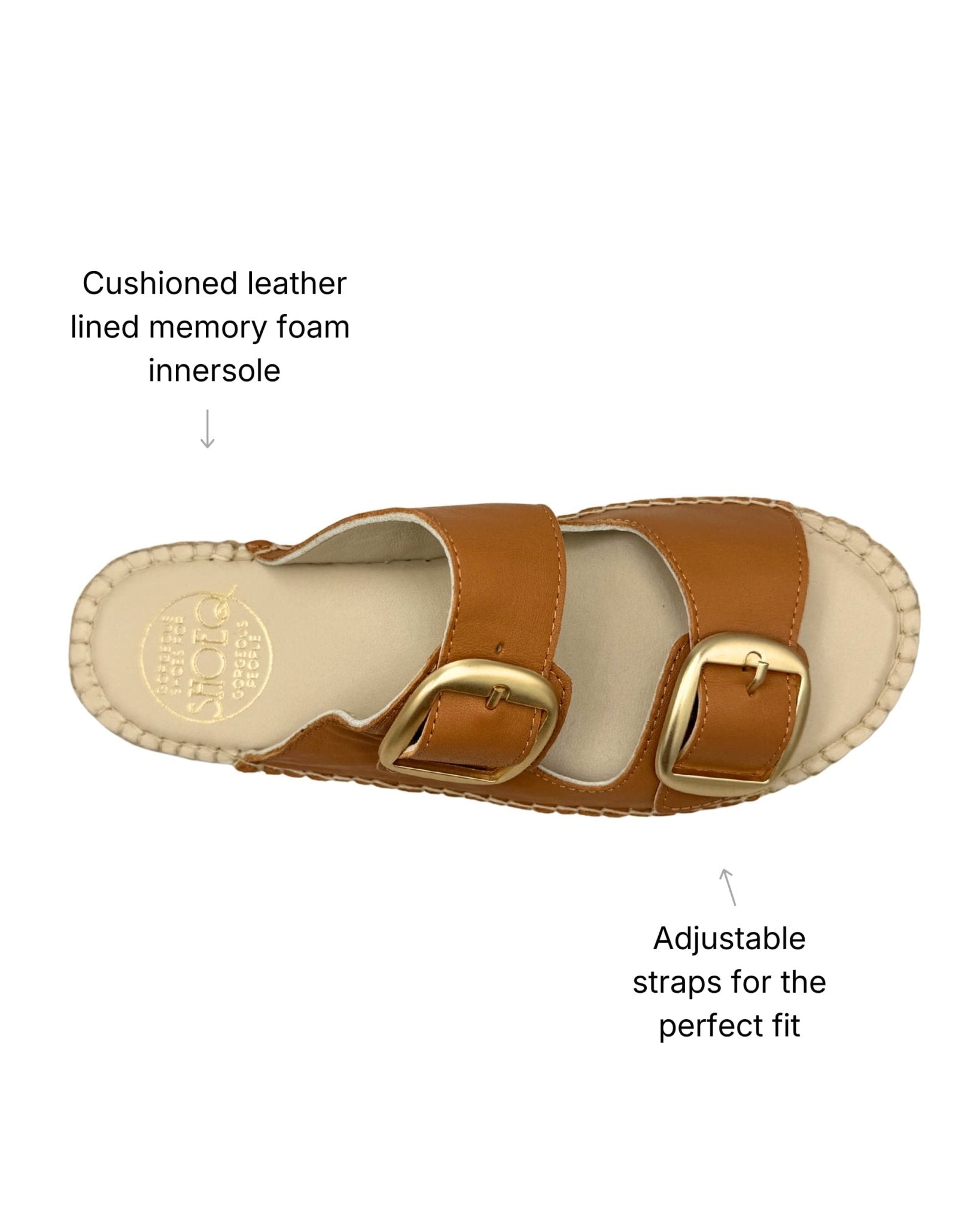 Leather-lined memory foam innersole and adjustable double buckle straps — handmade tan leather espadrille slide | Shoeq