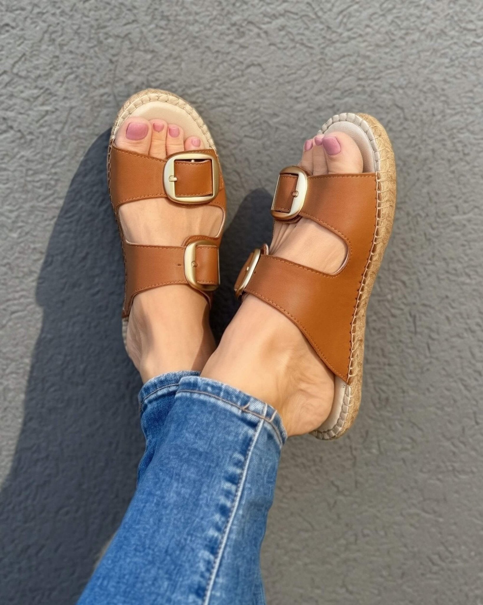 Tan leather espadrille slides with adjustable double gold buckle straps and hand-sewn jute rope sole | Urban Espadrille Slide by Shoeq