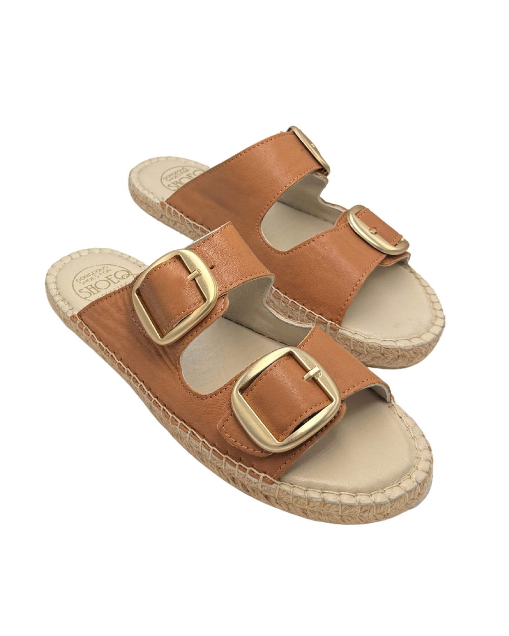 Handmade tan leather espadrille slides with double gold buckle straps and jute rope sole | Urban Espadrille Slide by Shoeq