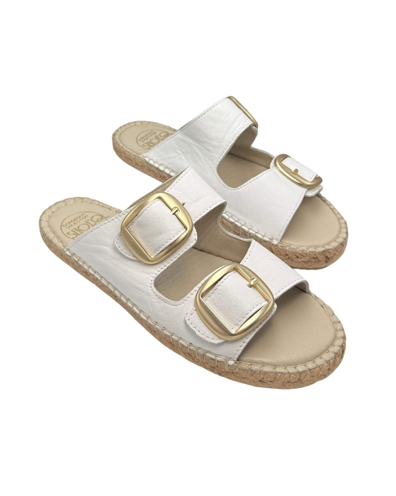 Handmade white leather espadrille slides with double gold buckle straps and jute rope sole | Urban Espadrille Slide by Shoeq