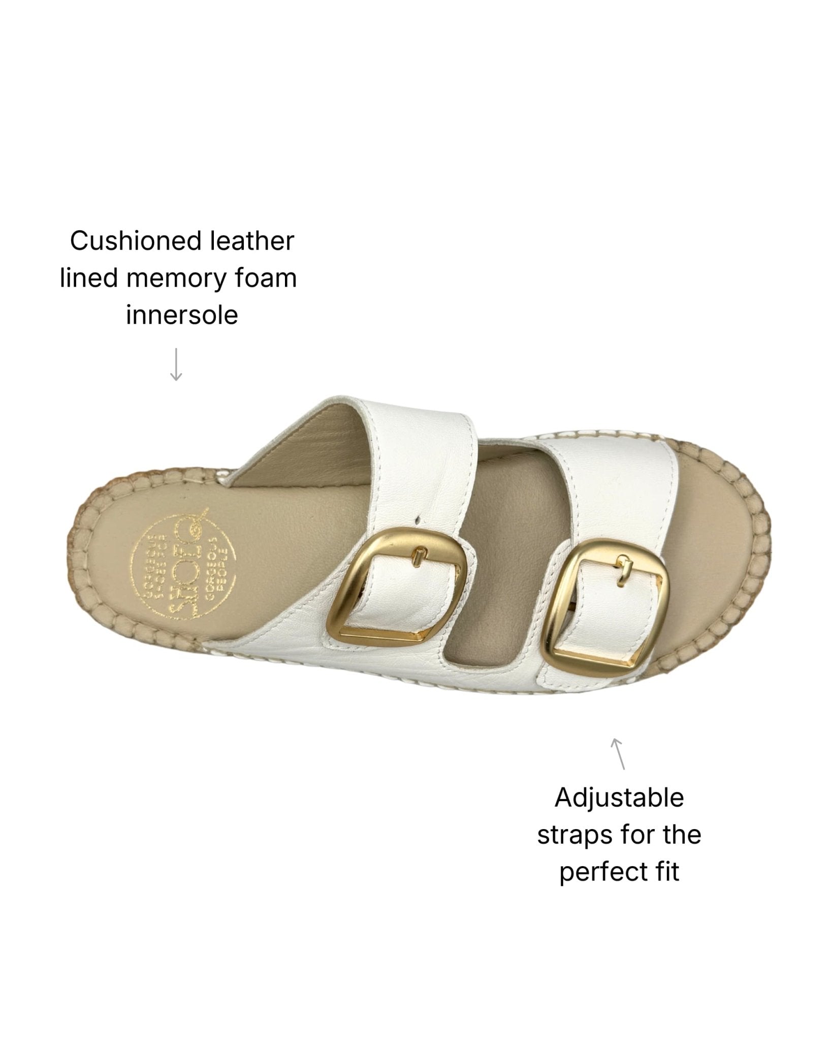 Leather-lined memory foam innersole and adjustable double buckle straps — handmade white leather espadrille slide | Shoeq