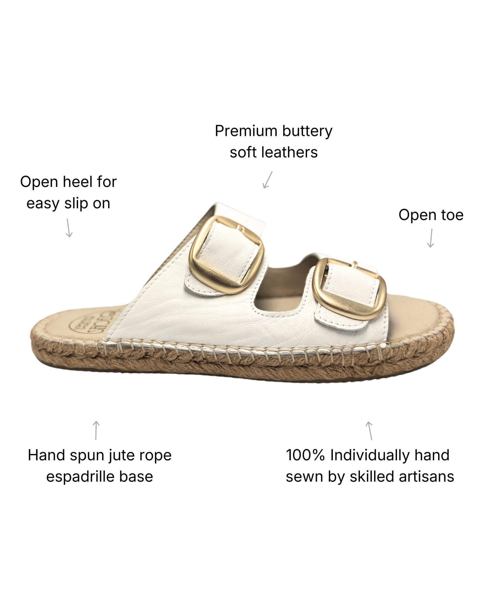 Handmade white leather espadrille slide — premium leather upper, hand-sewn jute rope sole, open heel, adjustable double buckle straps | Shoeq