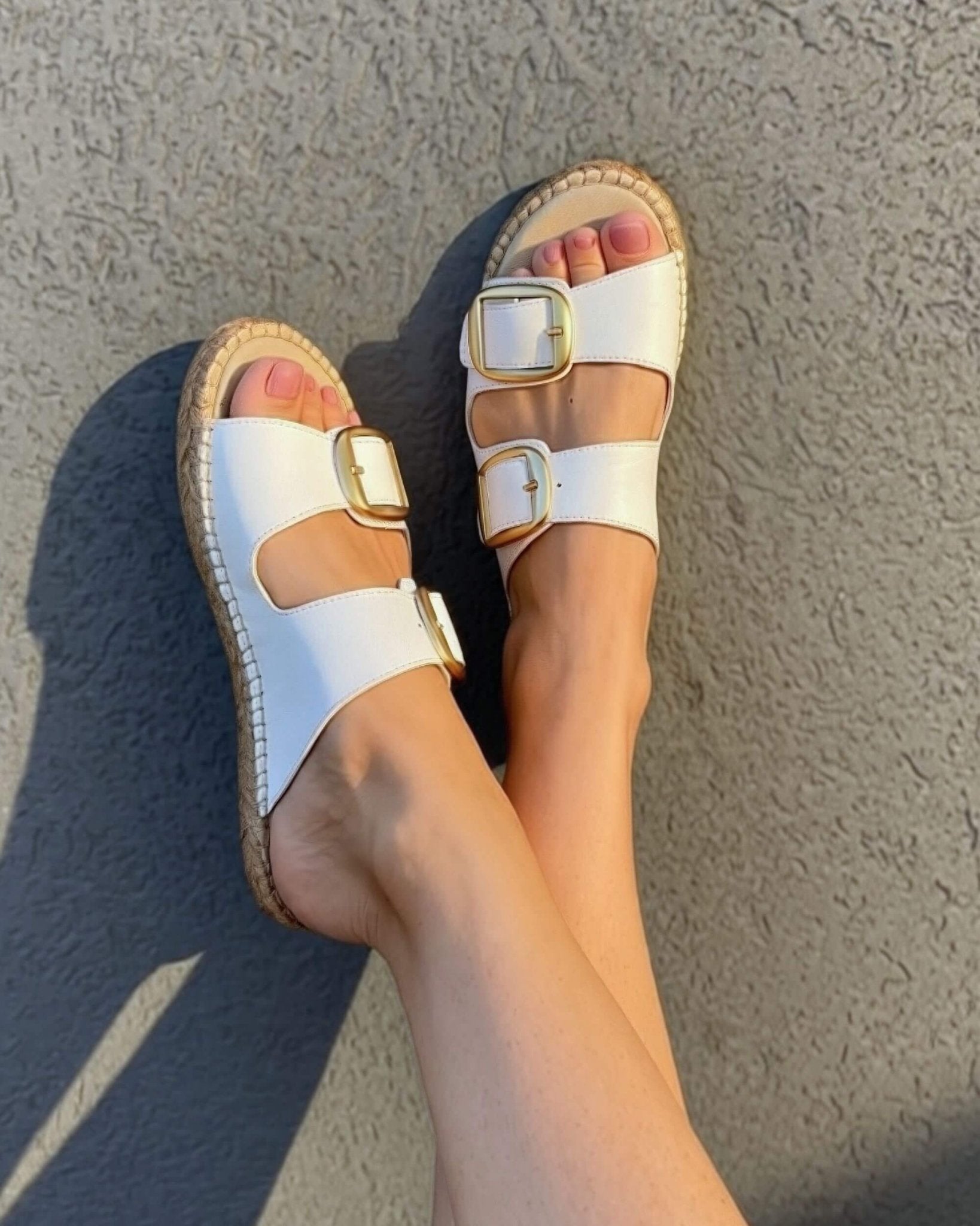Handmade white leather espadrille slides with adjustable double gold buckle straps | Urban Espadrille Slide by Shoeq Dubai