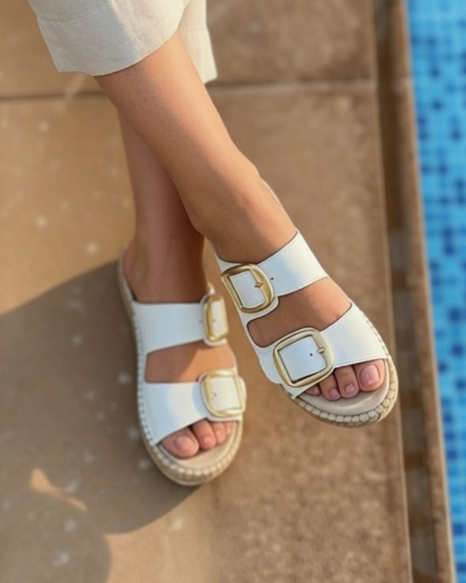 Handmade white leather espadrille slides with adjustable double gold buckle straps | Urban Espadrille Slide by Shoeq