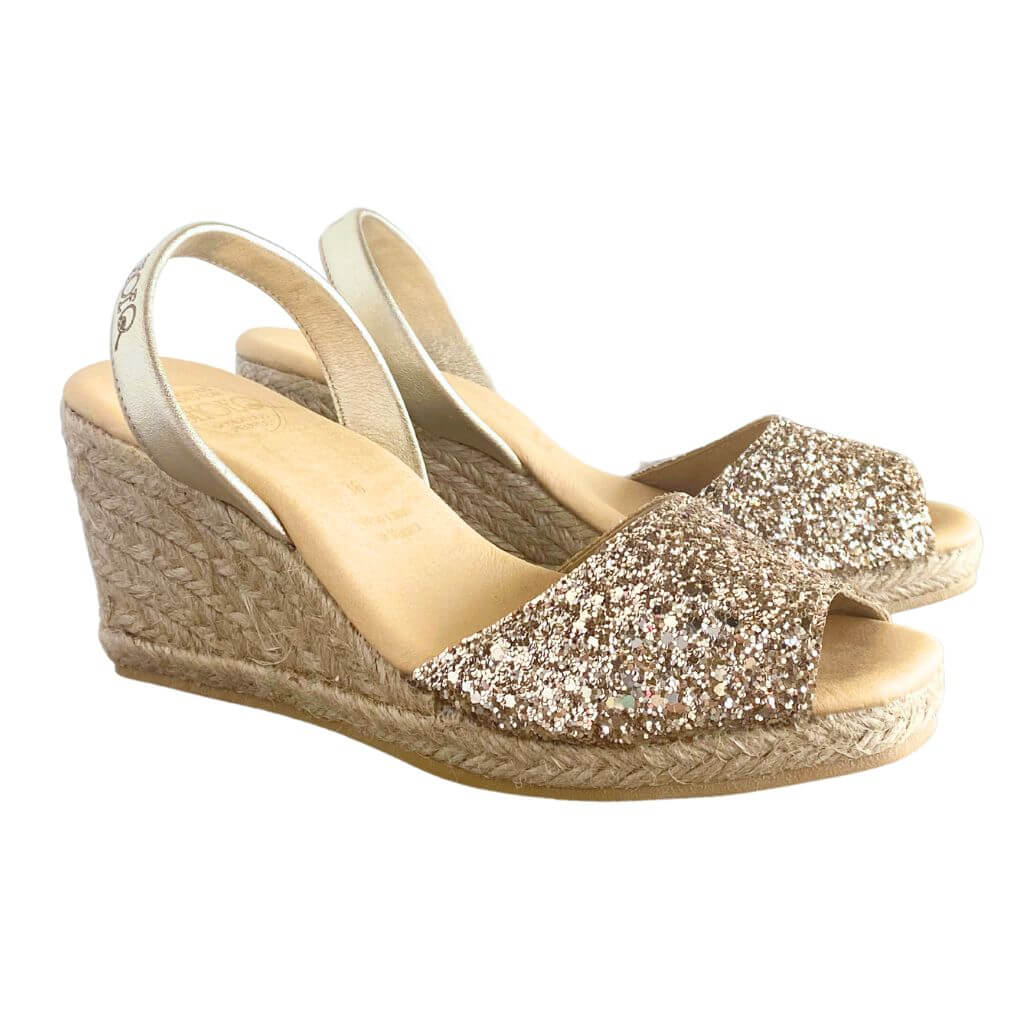 Shoeq Classic Espadrille Wedge in Champagne Glitter