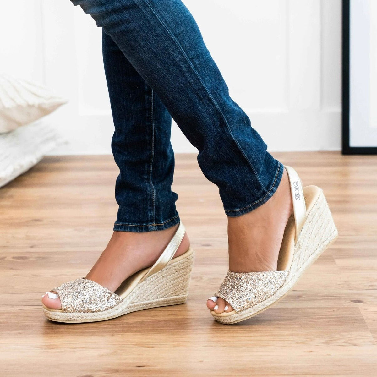 Classic Espadrille Wedge in Champagne Glitter - Shoeq