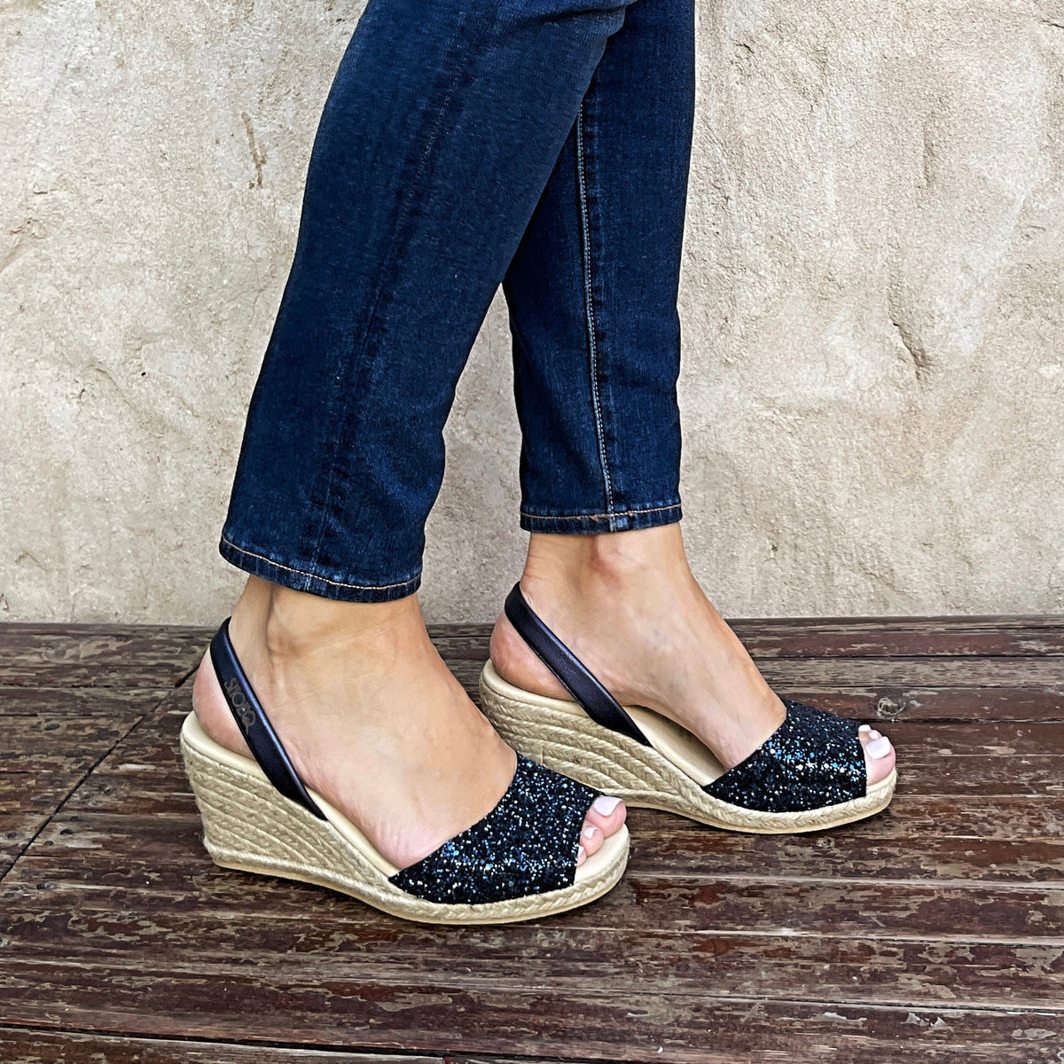 Classic Espadrille Wedge in Navy Glitter - Shoeq