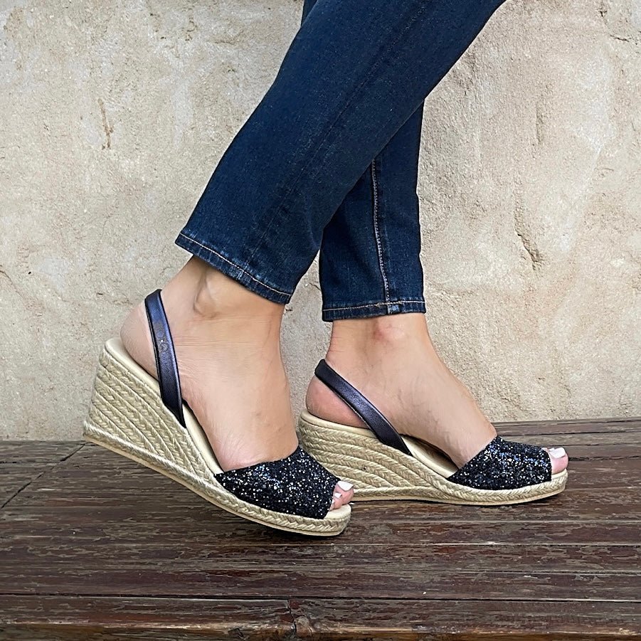 Classic Espadrille Wedge in Navy Glitter - Shoeq