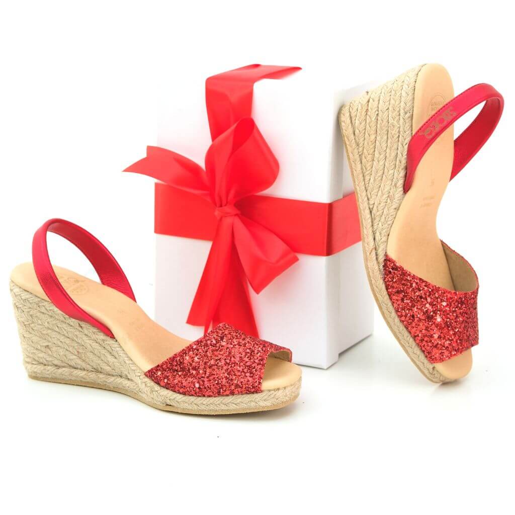 Classic Espadrille Wedge Sandal in Red Glitter | Shoeq