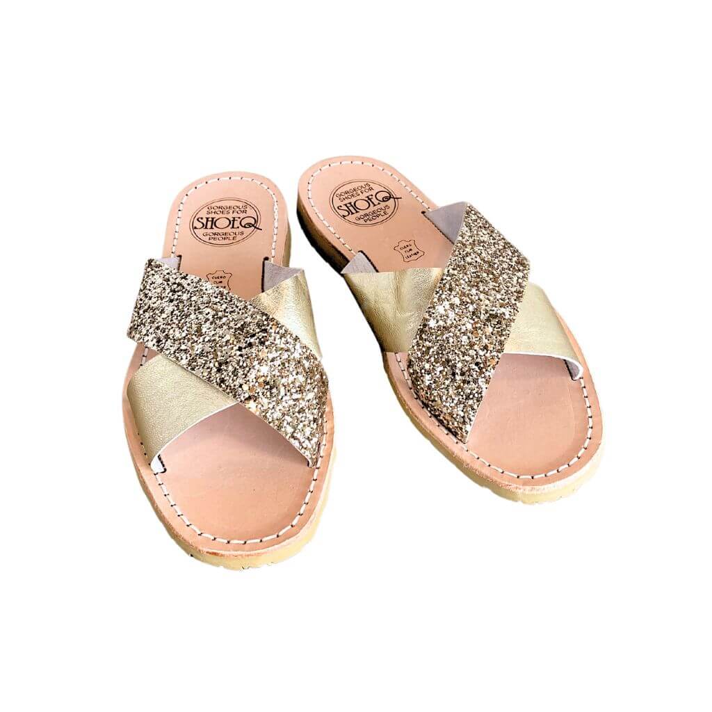 Crossover Slide in Champagne Glitter - Shoeq
