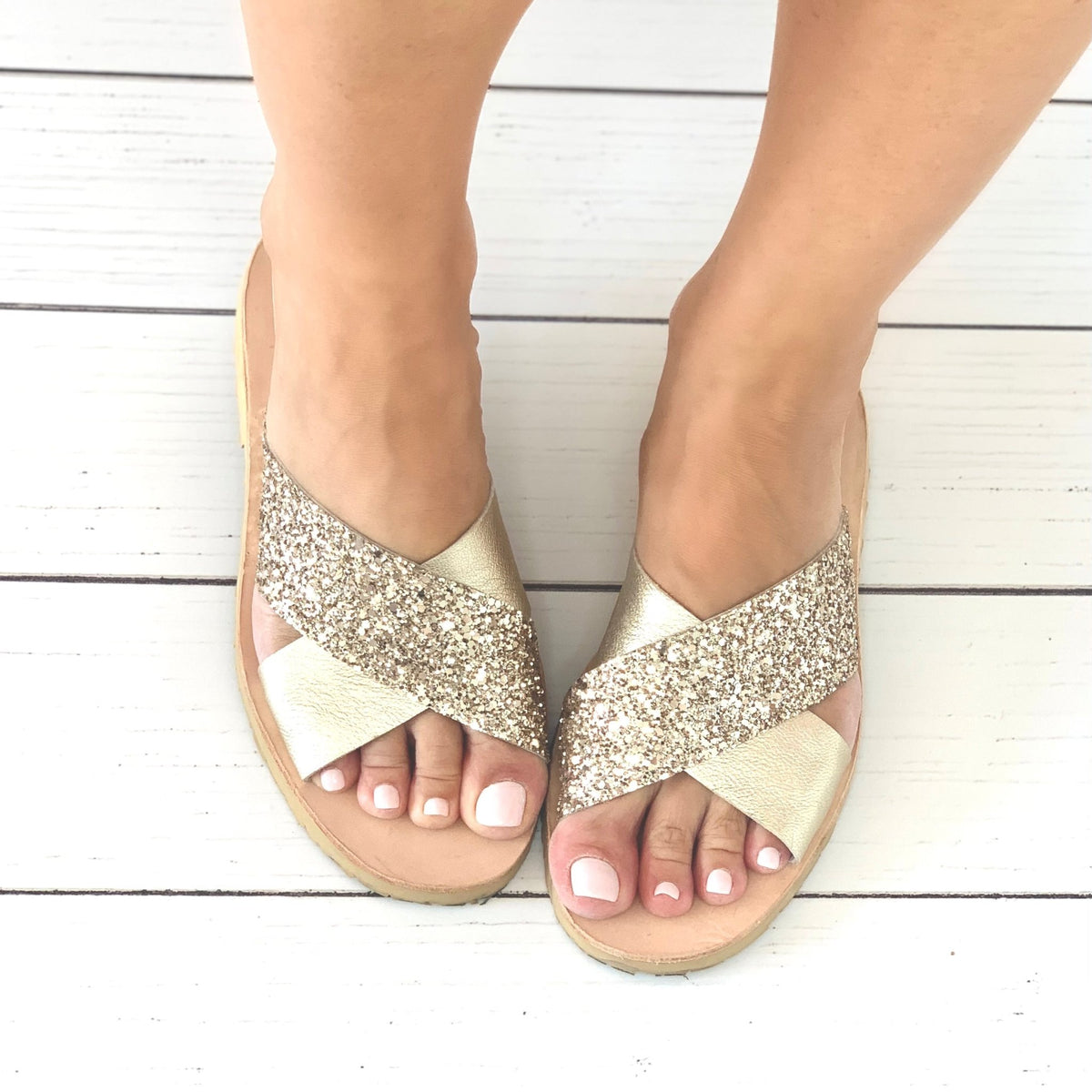 Crossover Slide in Champagne Glitter - Shoeq