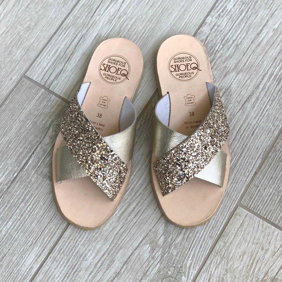 Crossover Slide in Champagne Glitter - Shoeq